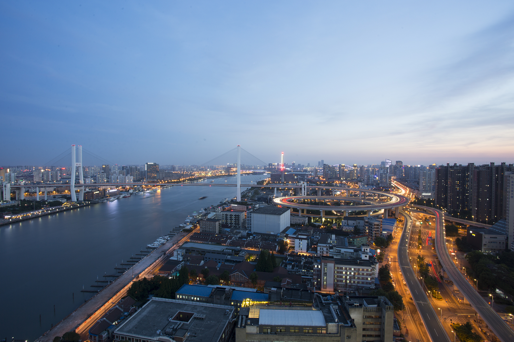 panorama view of of shanghai nanpu bridge at night,which link we