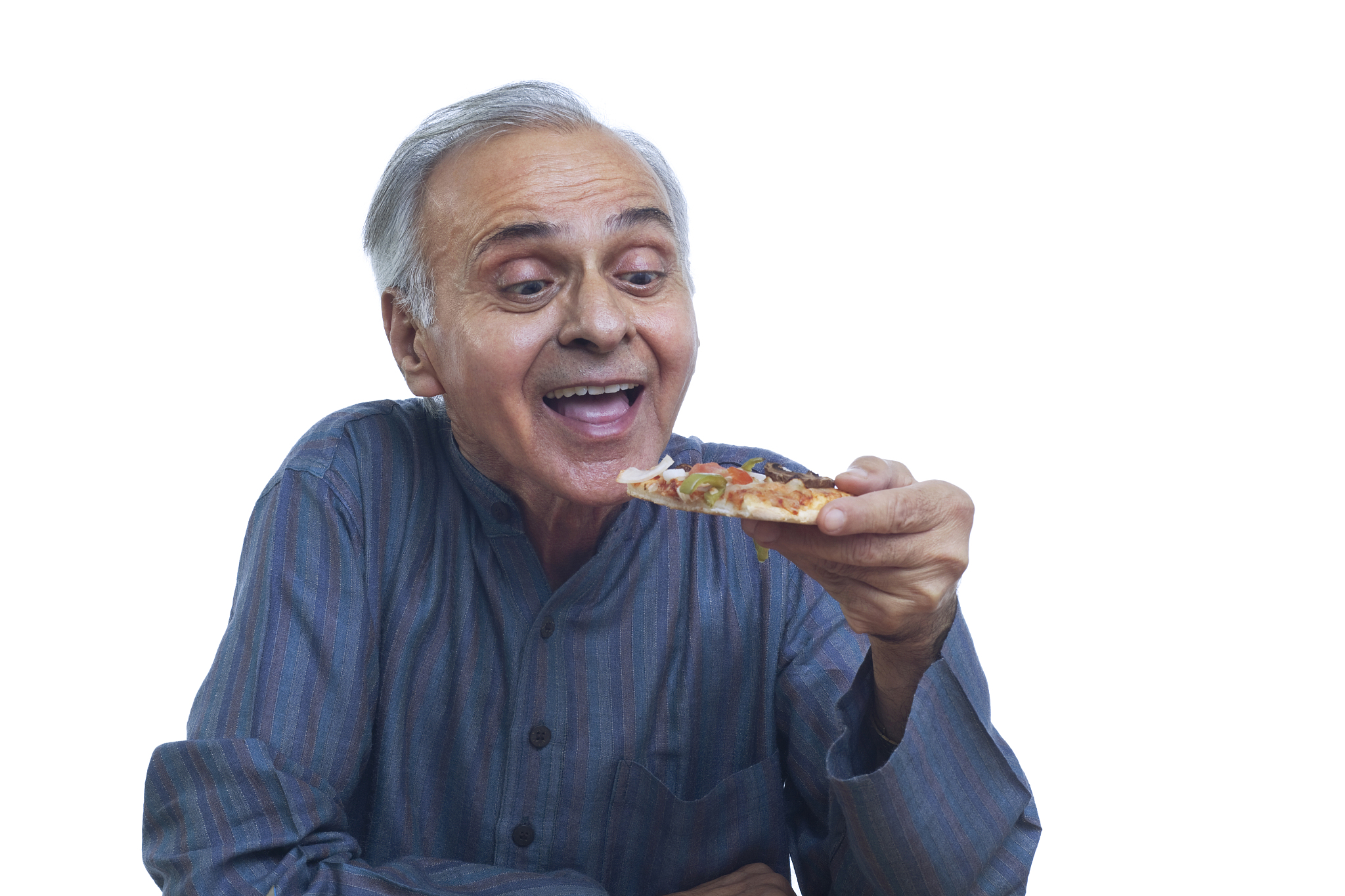 smiling senior man holding slice of pizza