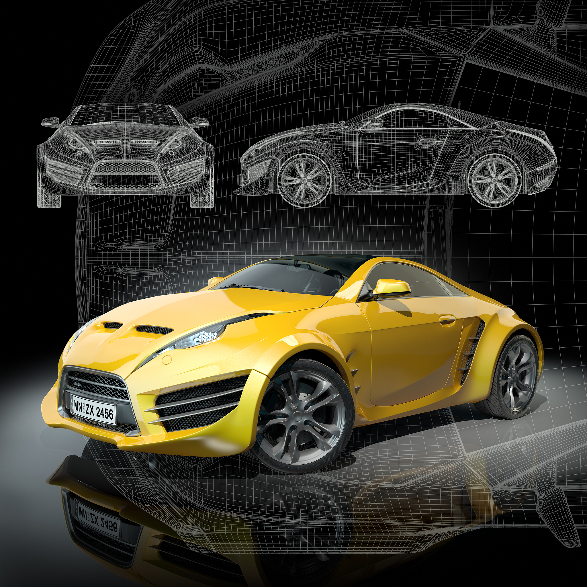 yellow sports car on a black background