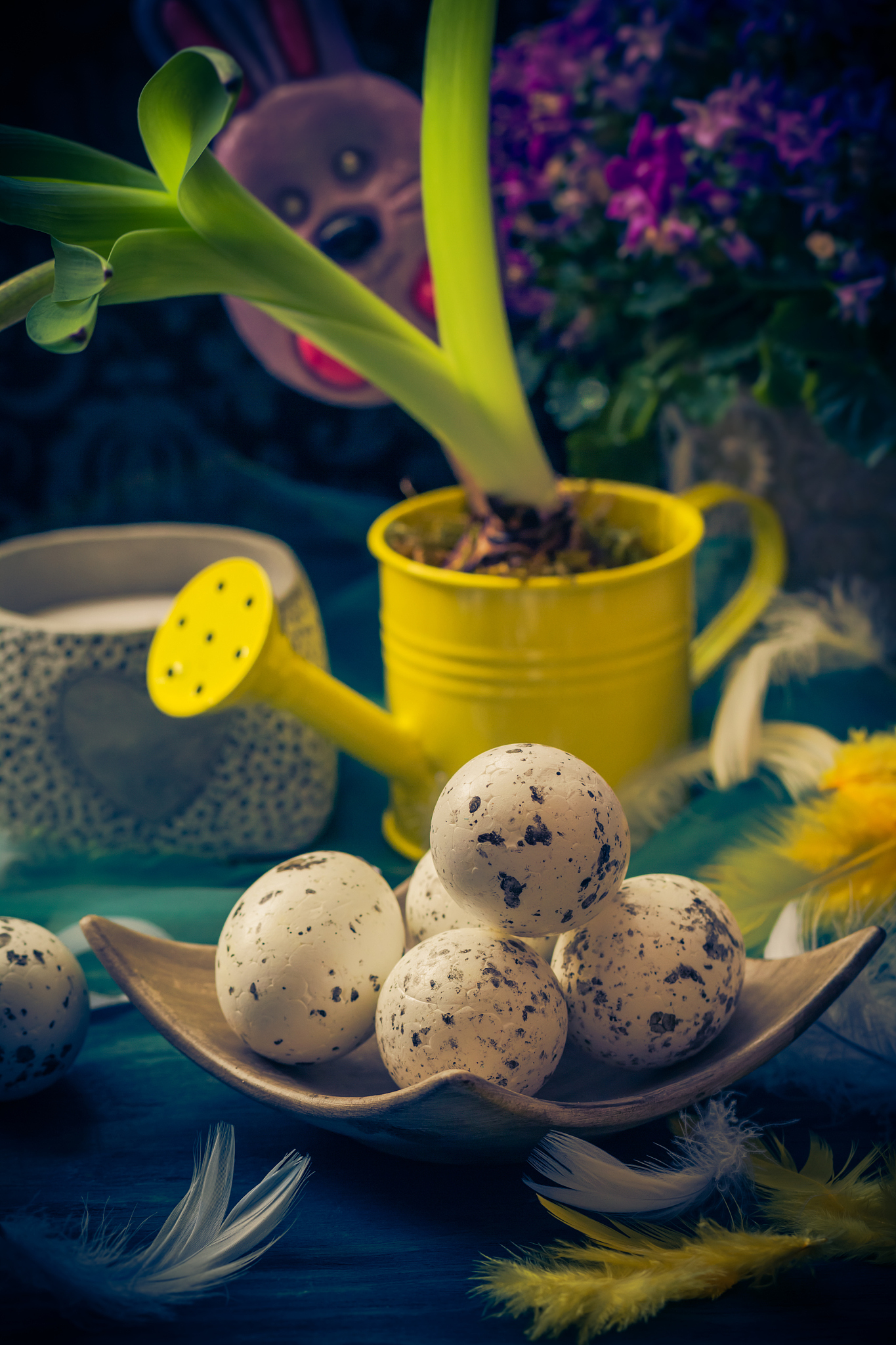 easter composition hyacinth eggs feathers