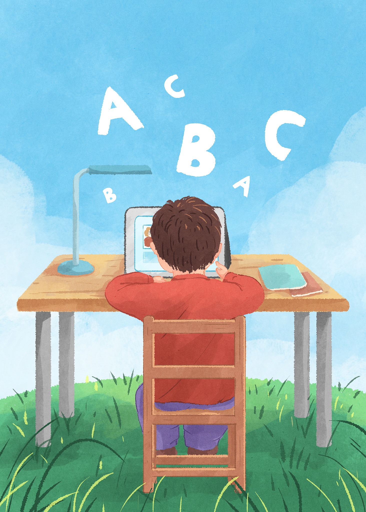 上网课的学生在线教育插画户外