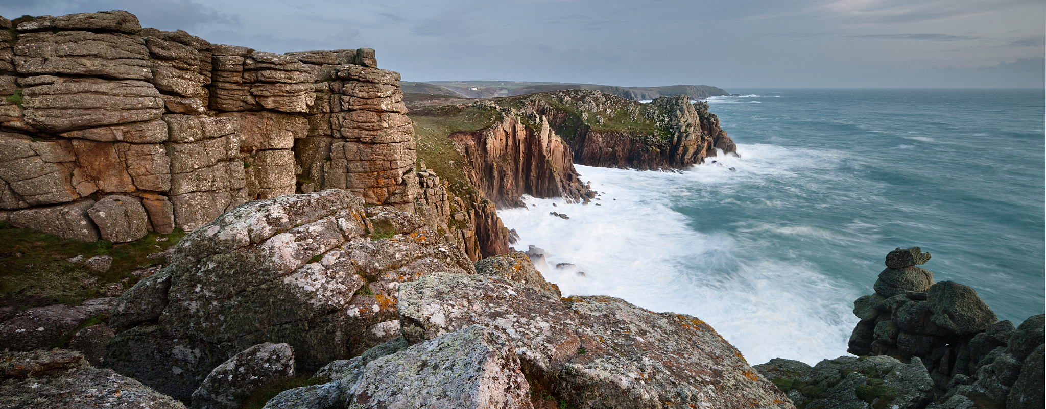 view towards pordenack point at lands end, cornwall, england, uk