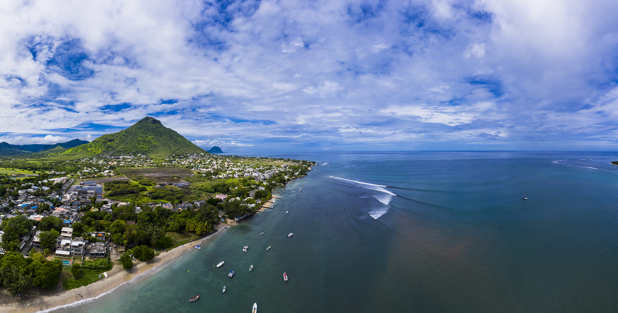 mauritius, black river, tamarin, helicopter panorama of indian o