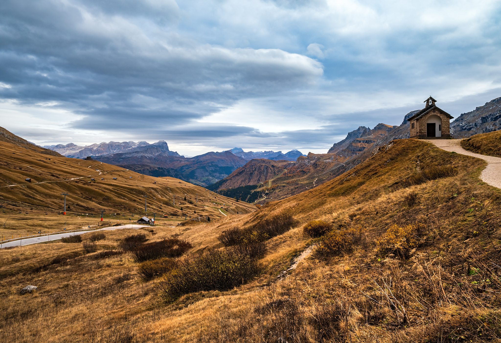 autumn alpine dolomites mountain scene near pordoi pass, trentin