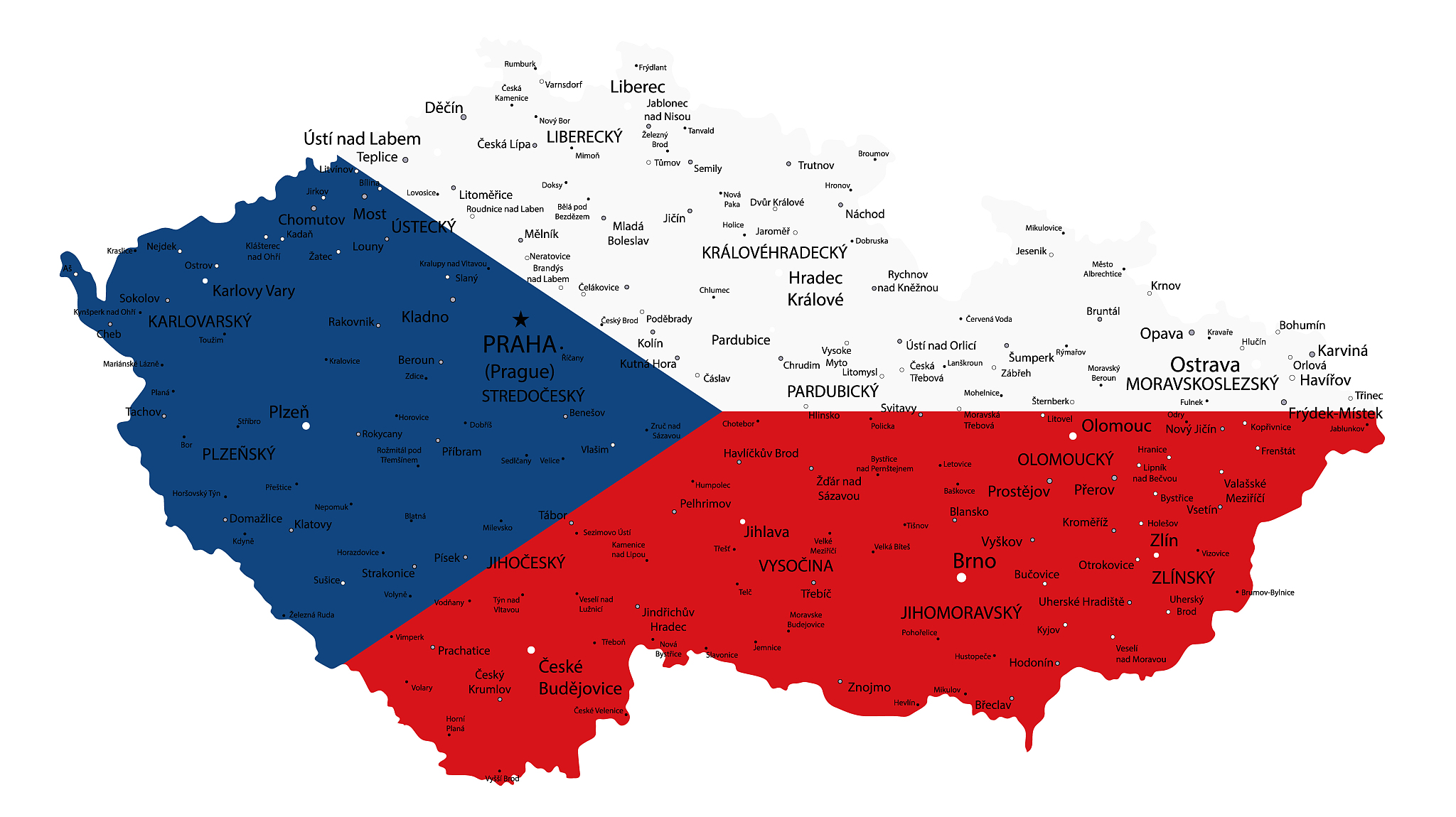 czech republic map coloured by national flag isolated on white