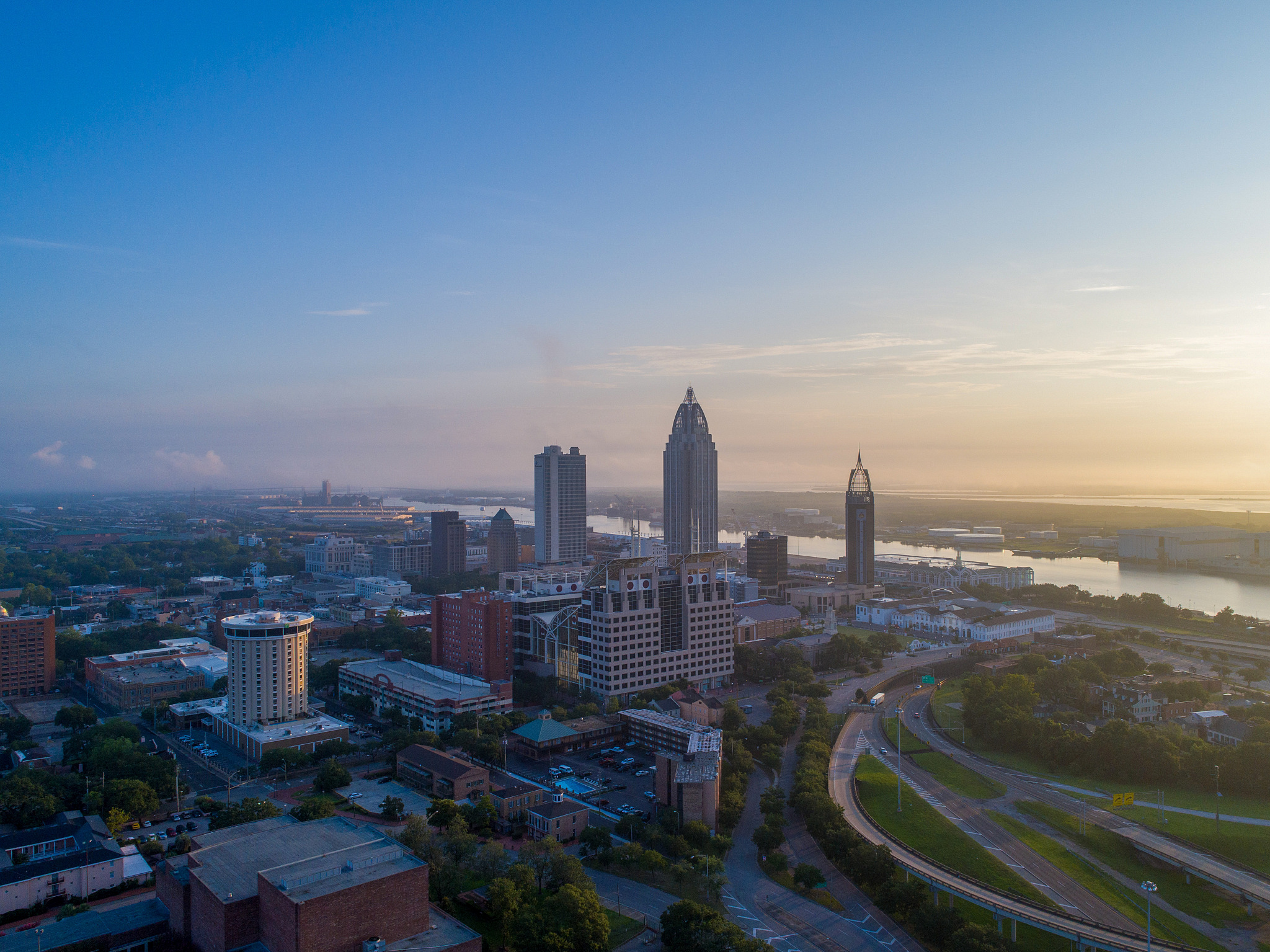 downtown mobile, alabama at sunrise