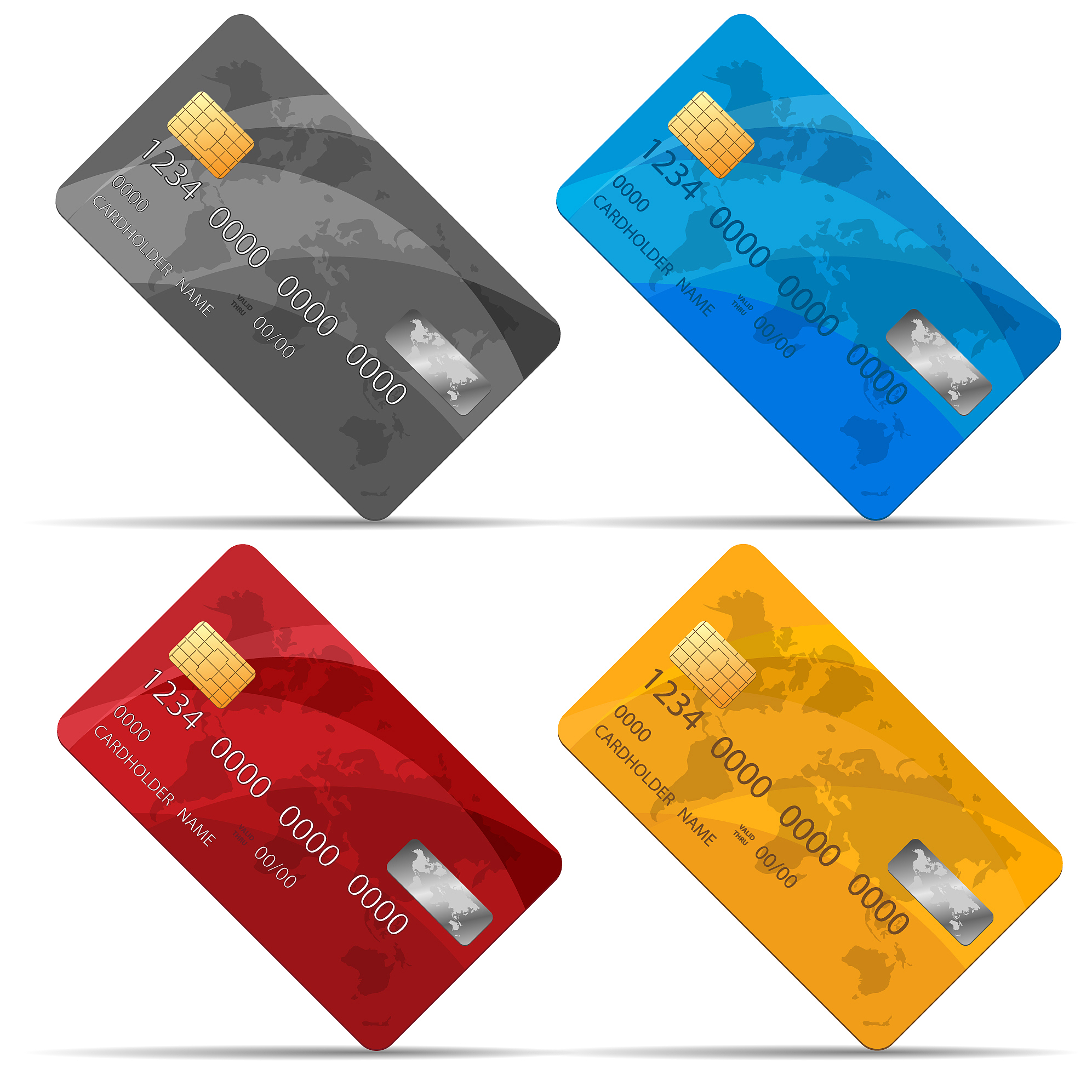 set of detailed credit cards isolated on