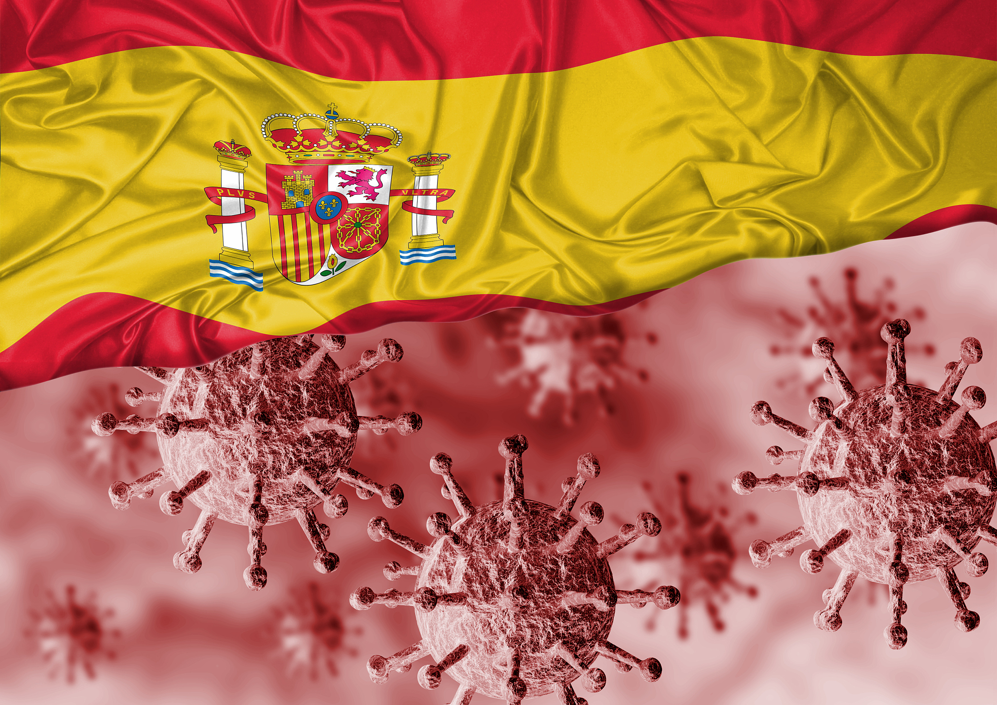 enlarged coronavirus, covid-19 under the flag of spain. pandemic