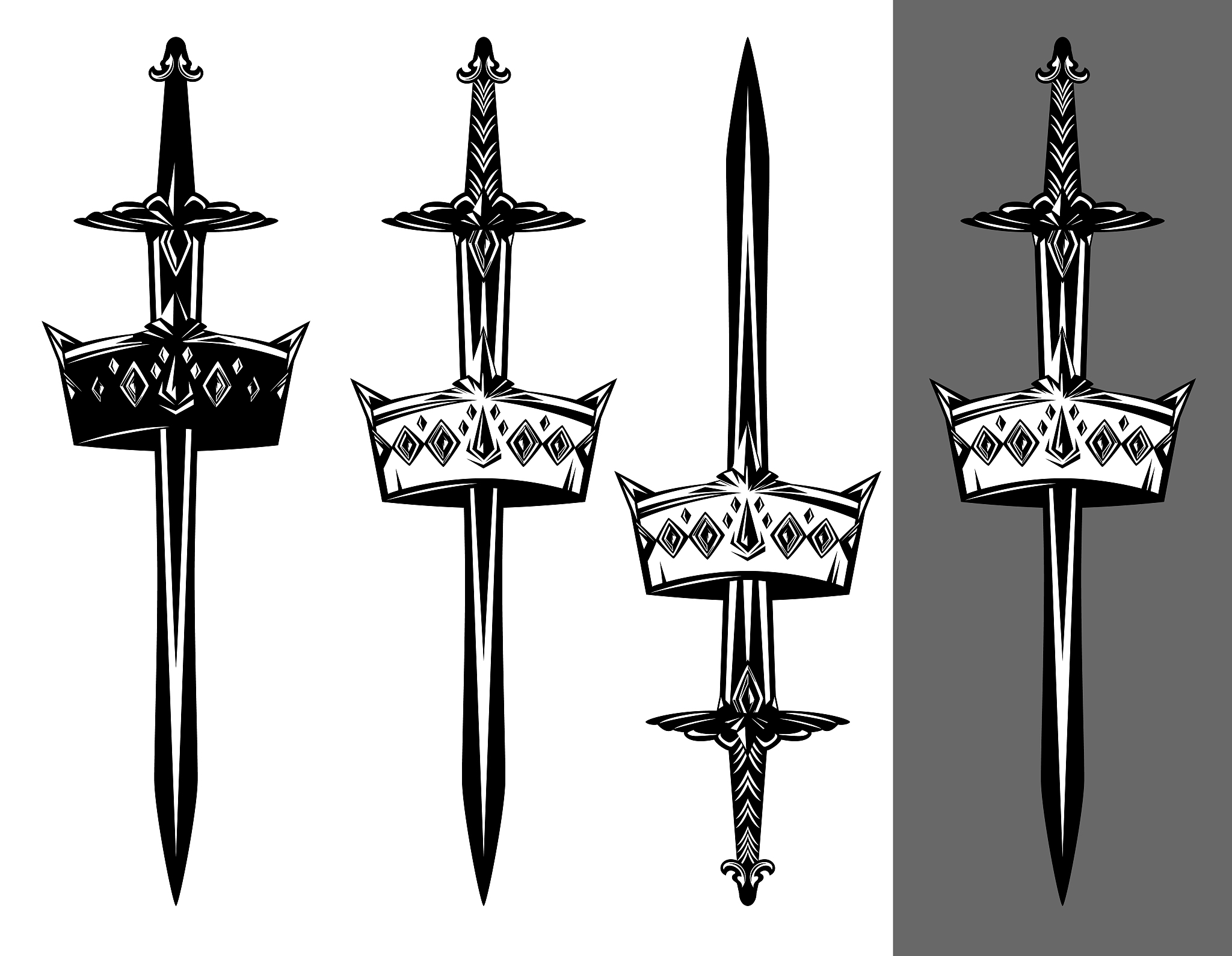 sword and royal crown vector design set
