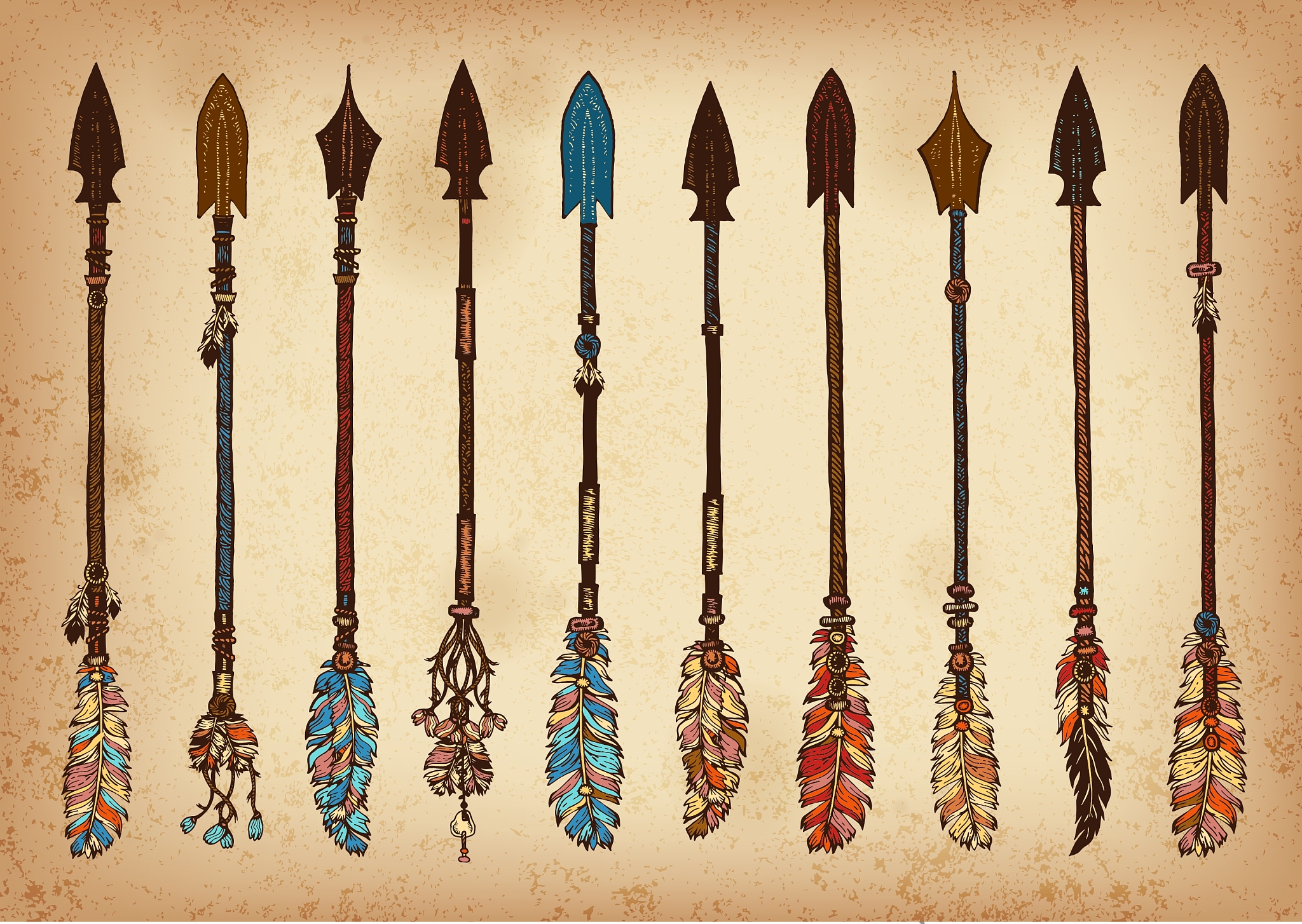 set of 10 colored ink traditional indian arrow