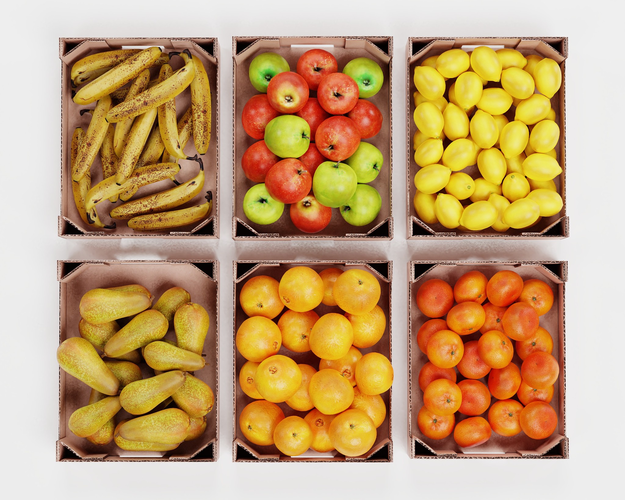 realistic 3d render of fruit in boxes