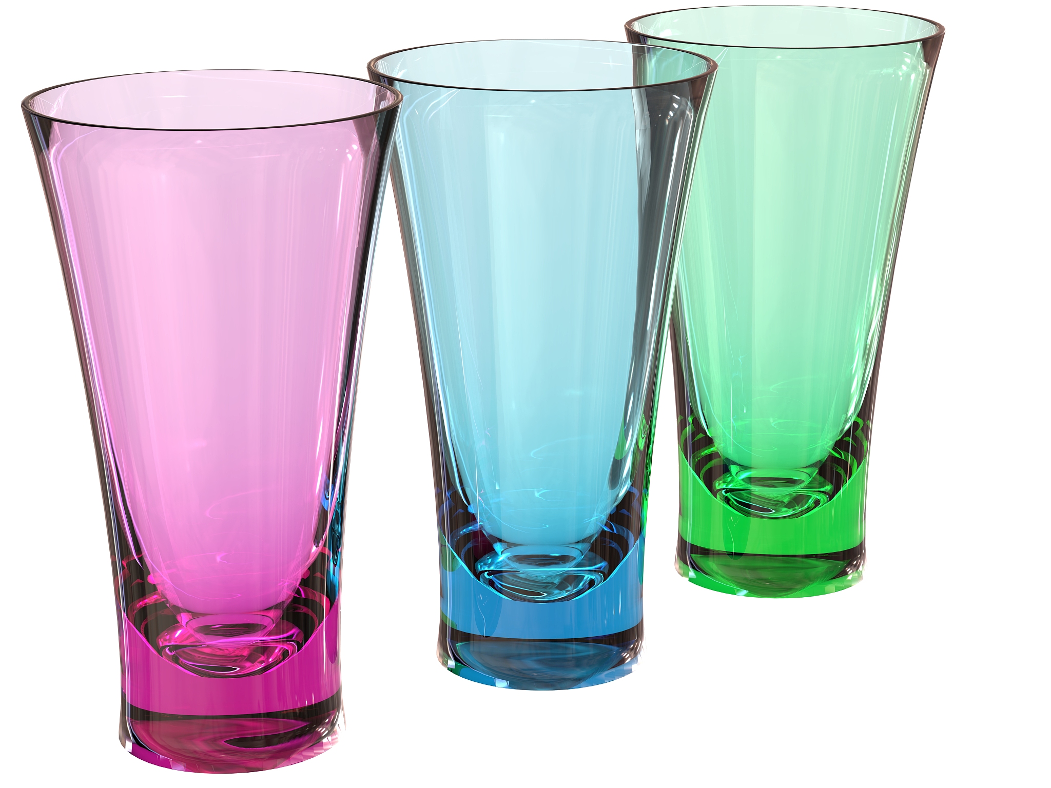 three glass set in pink, green and blue