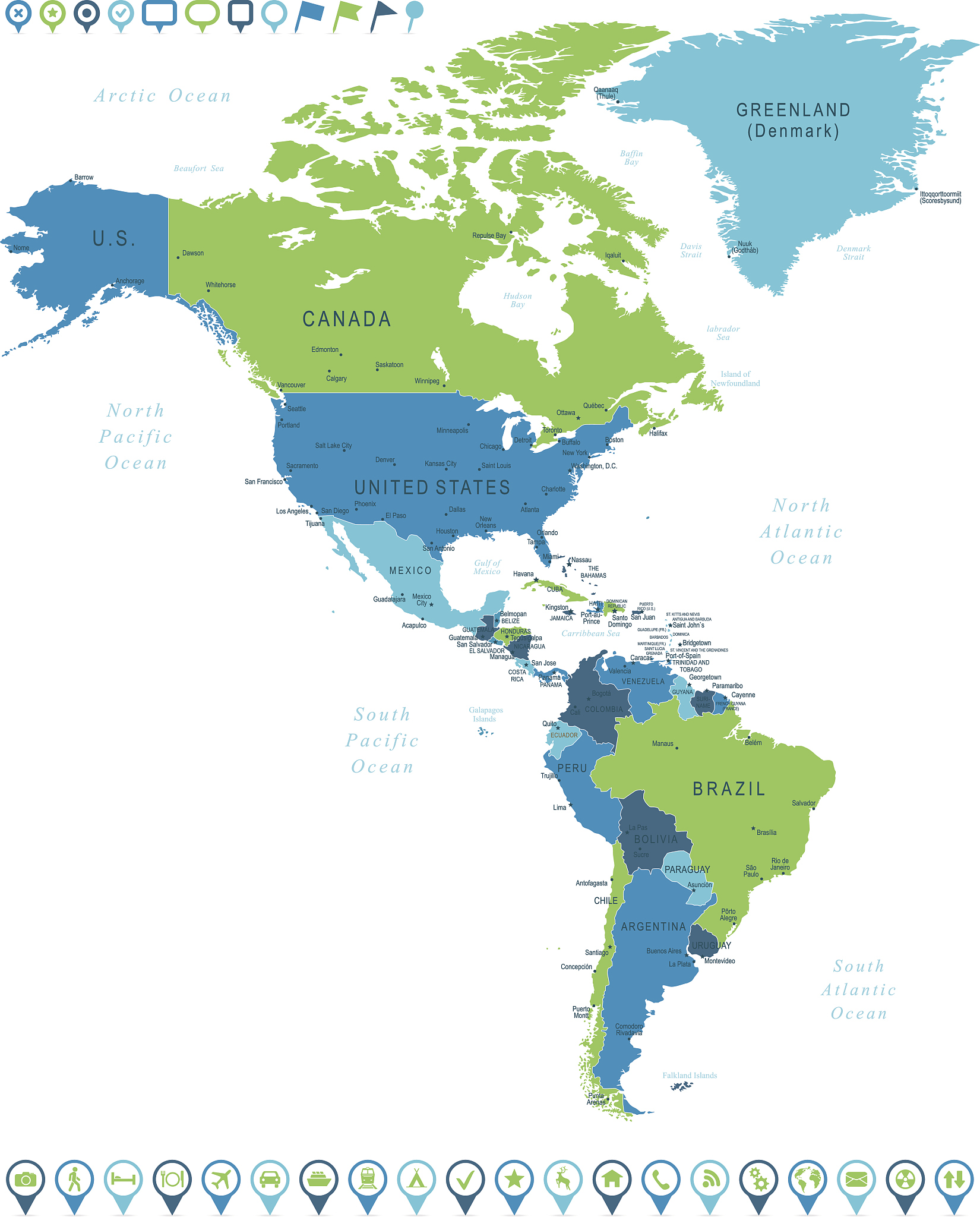map of north and south america and navigation icons