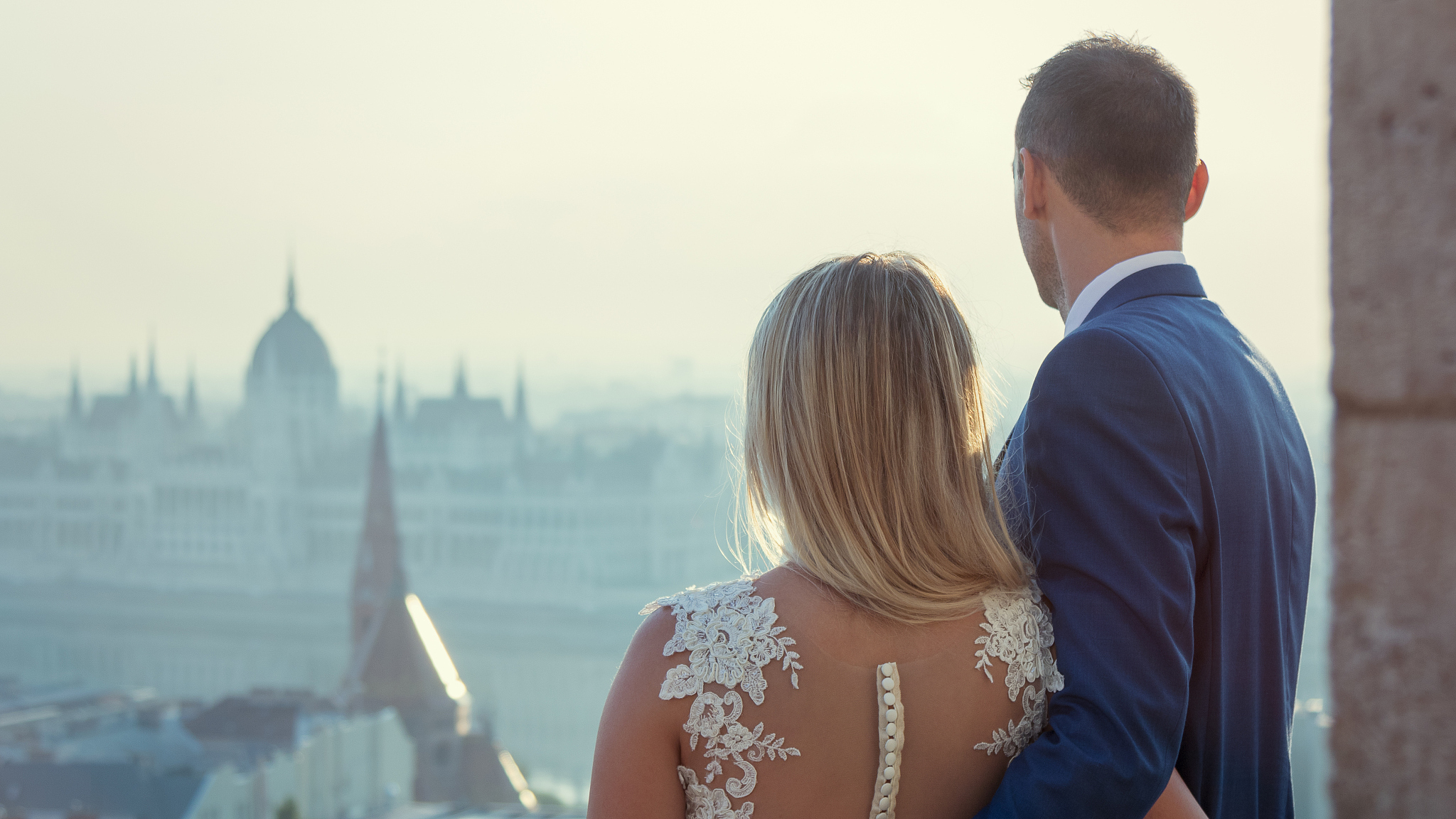 young happy romantic wedding couple outdoors in city
