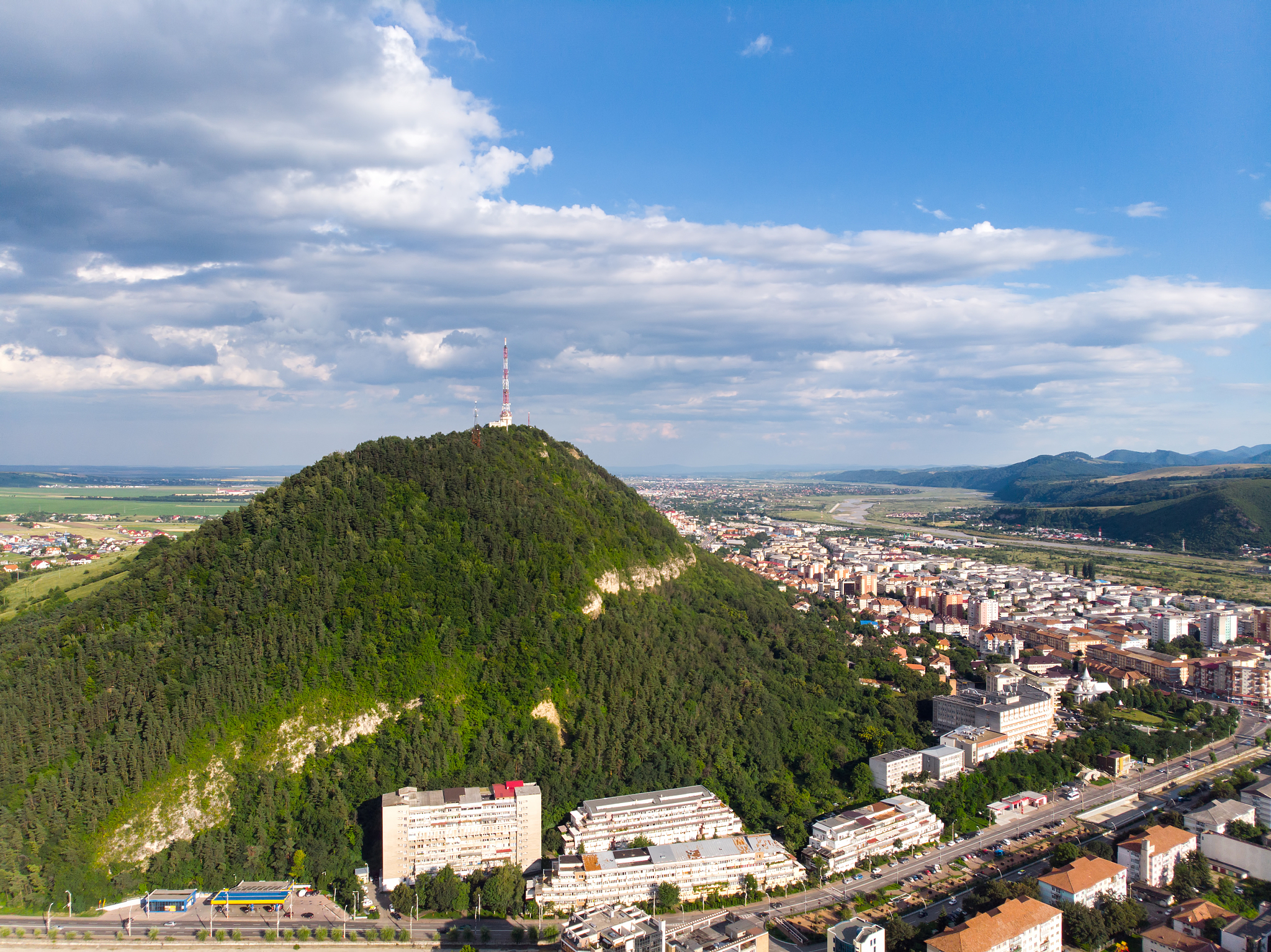 aerial panorama of a mountain town