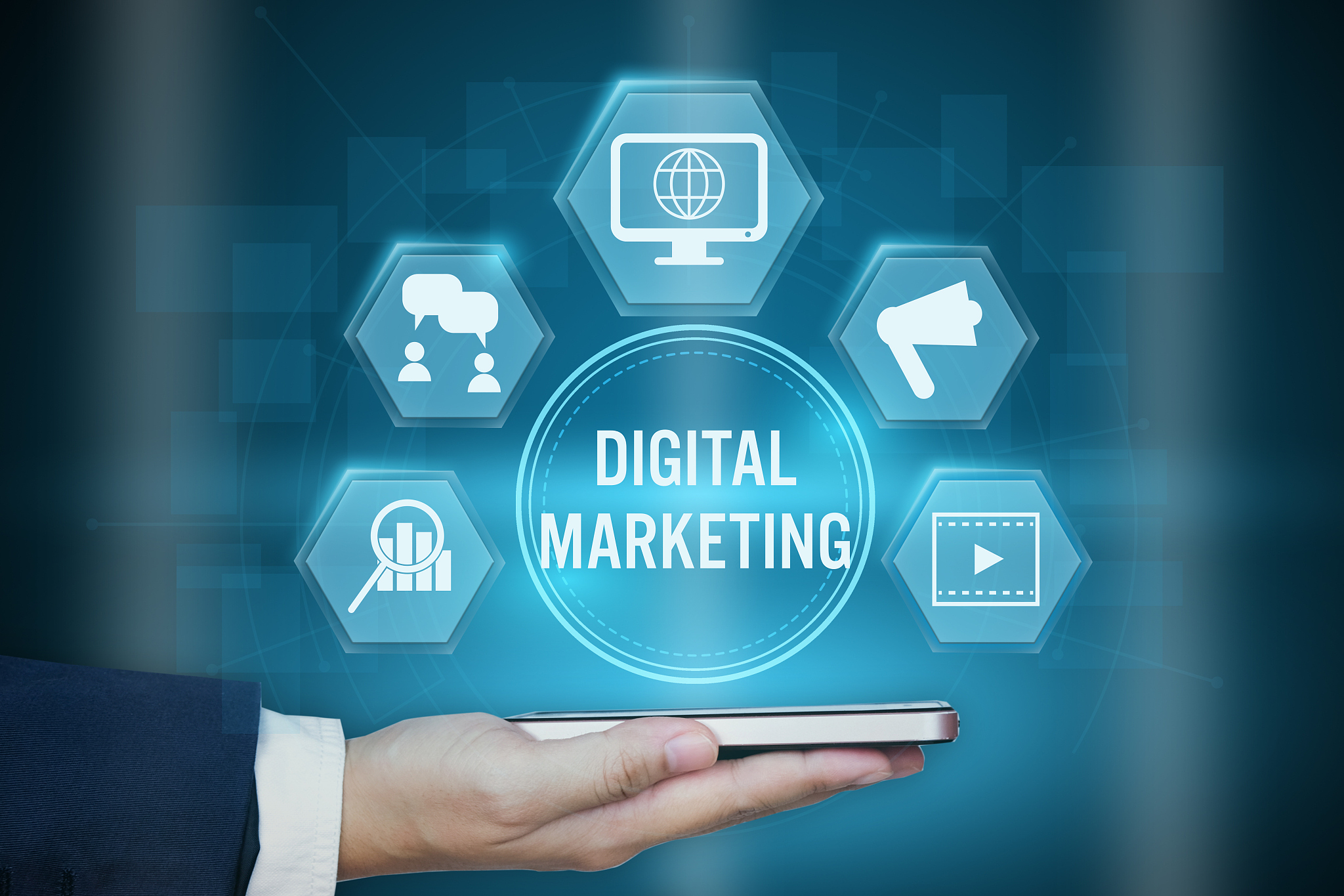 businessman holding icon of digital marketing technology concept