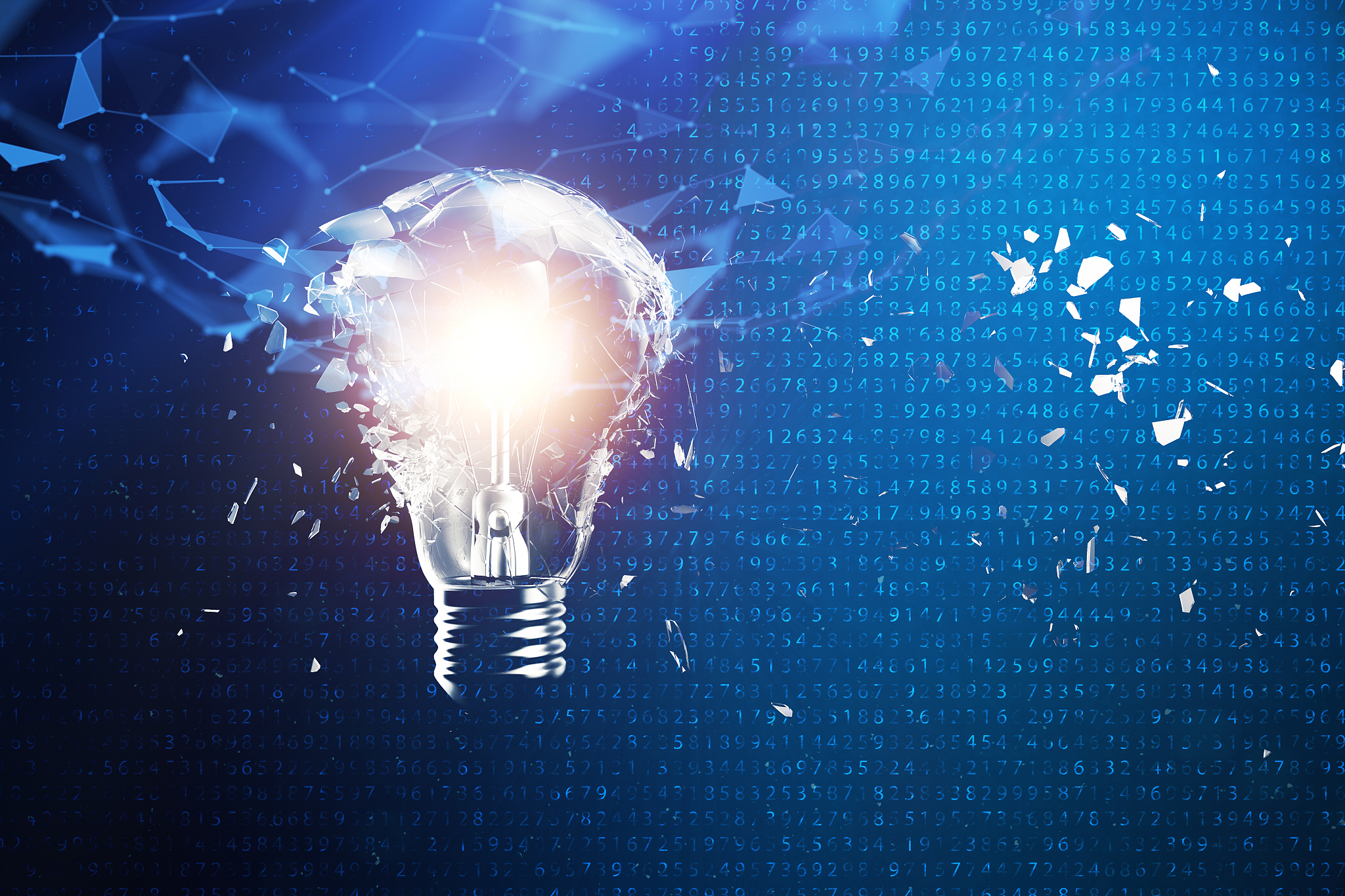 3d illustration exploding light bulb on a blue background, conce