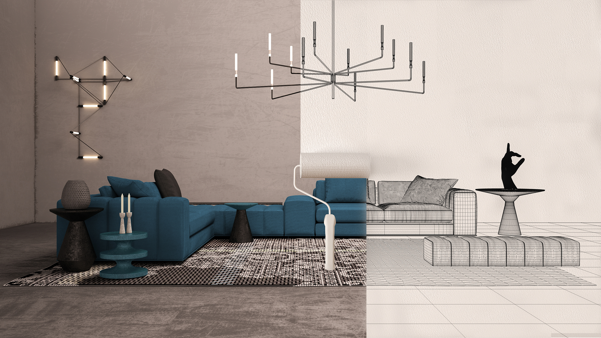 paint roller painting interior design blueprint sketch backgroun