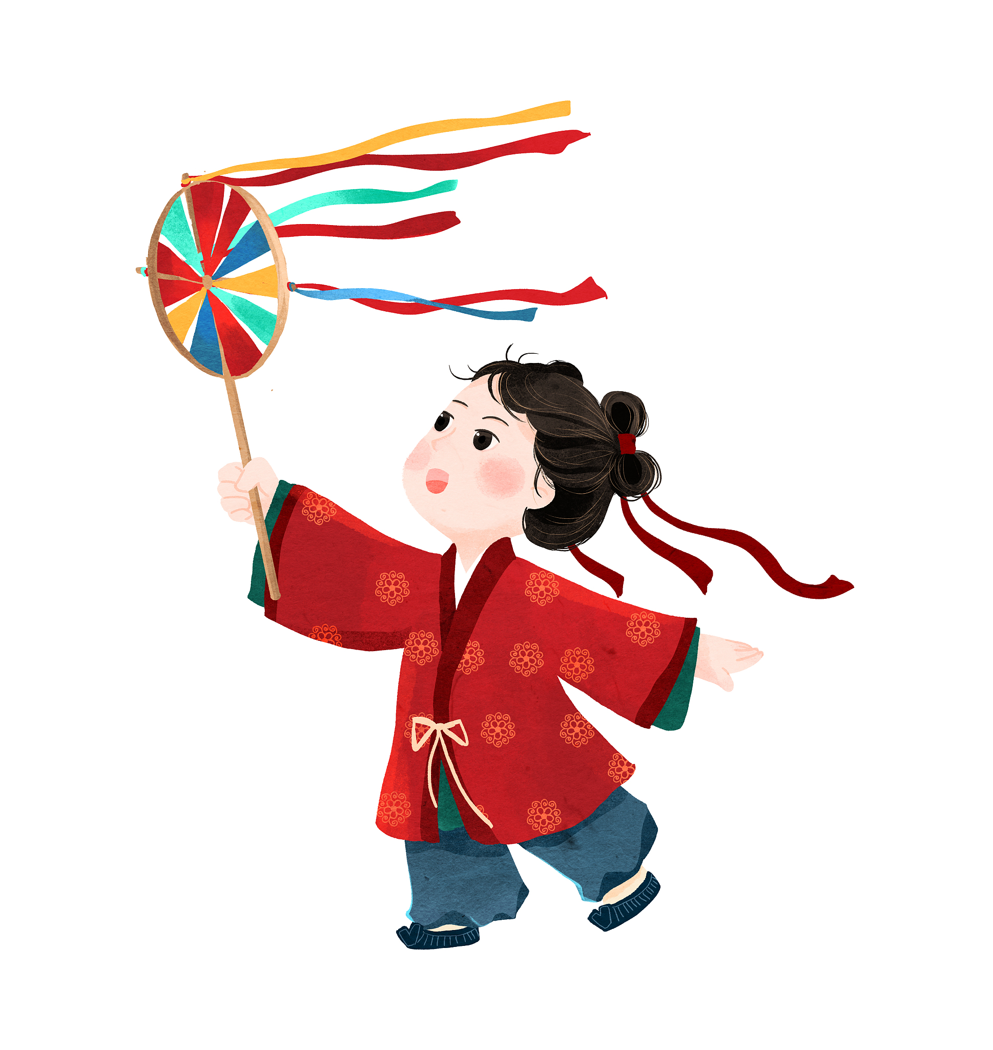 古代六一儿童节玩风车的小女孩插画