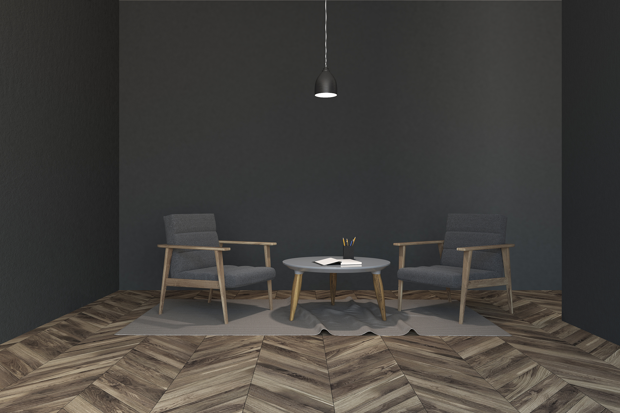 interior of a dark gray living room, two armchairs