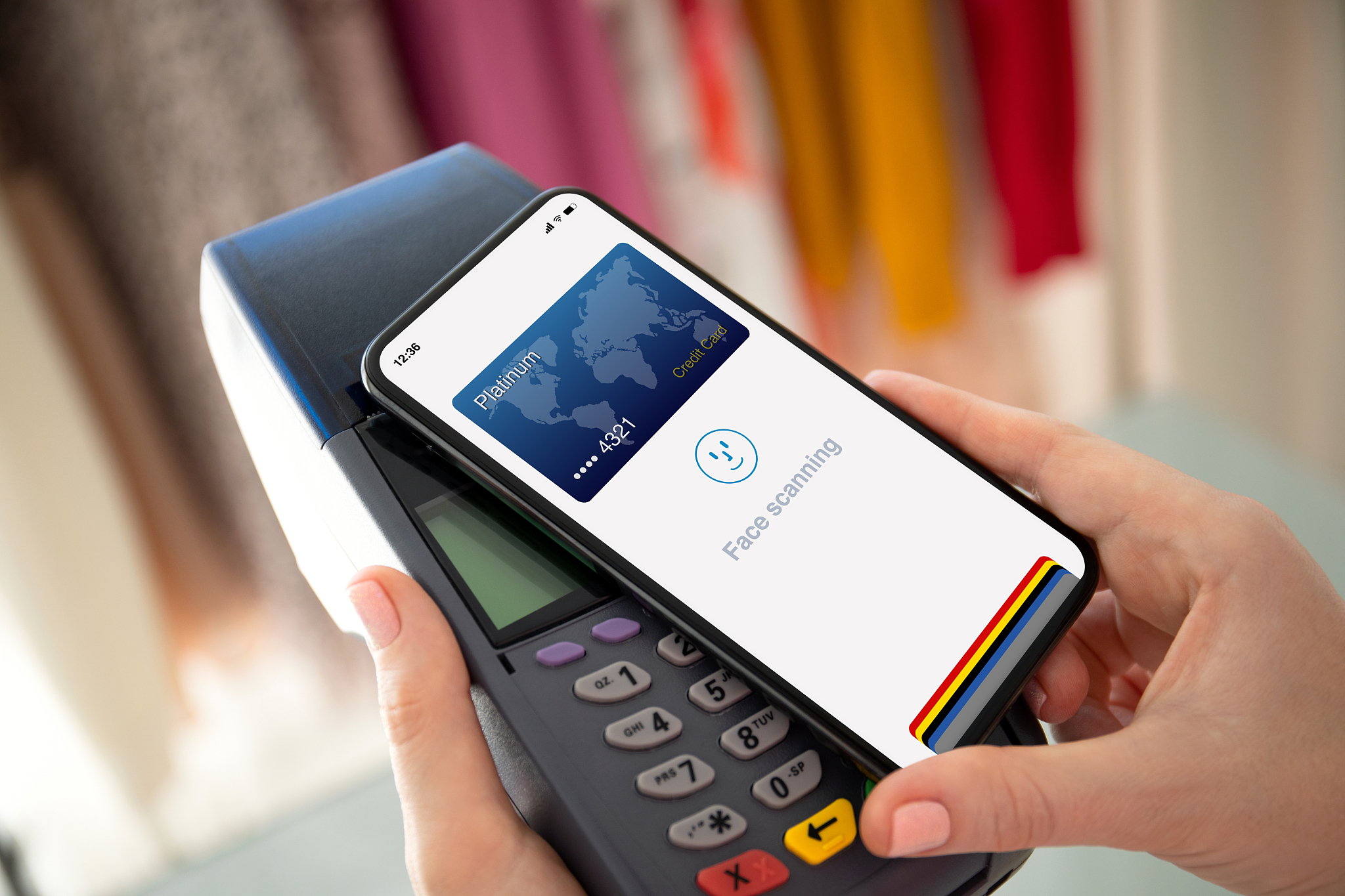 phone face scanning id payment purchase on paypass online termin