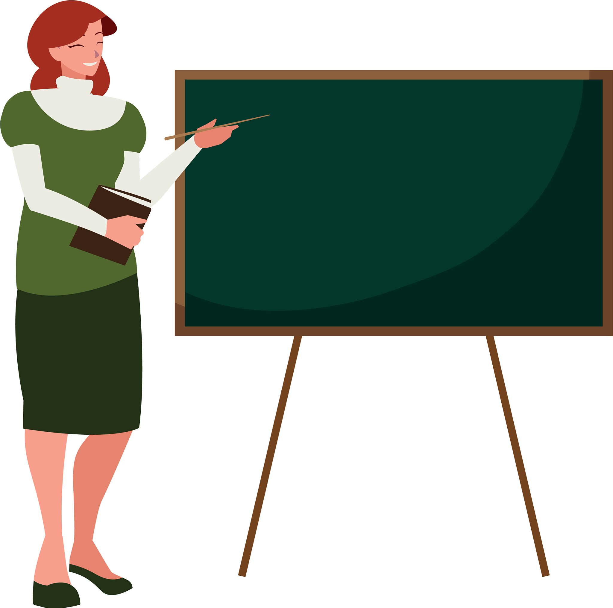 female teacher with textbook and chalkboard