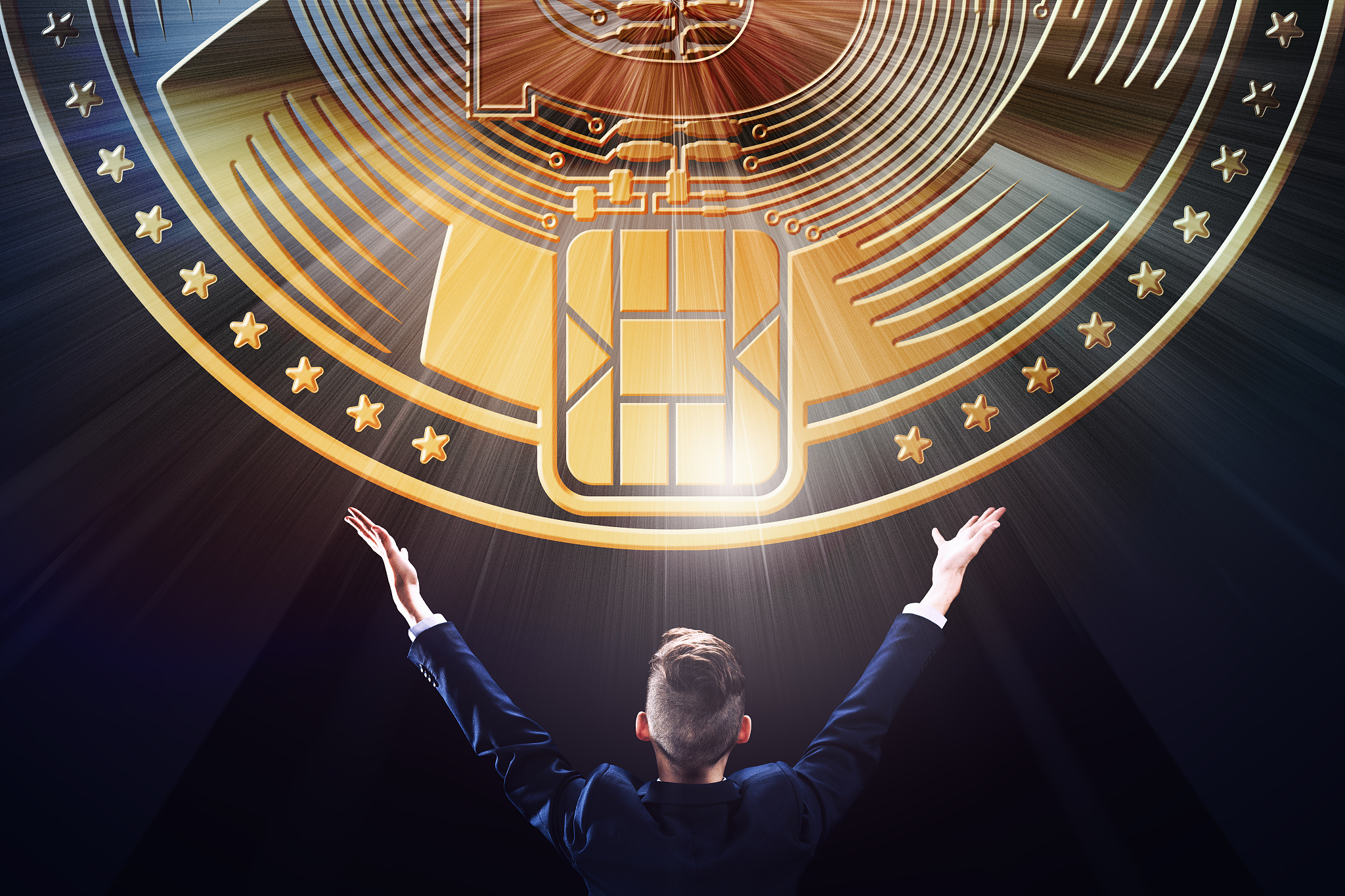 businessman with block chain bit crypto currency coin wallet, bu
