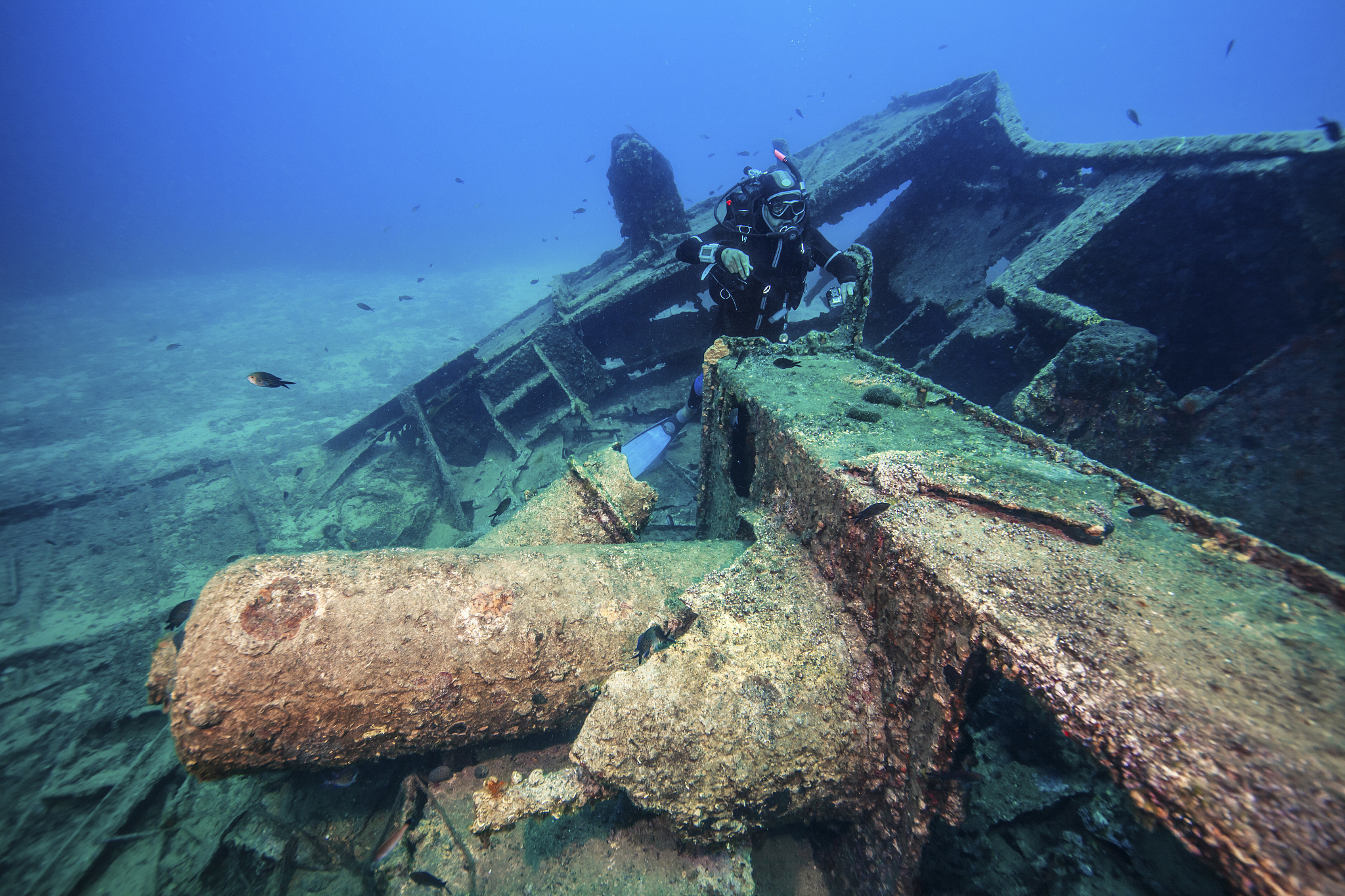 scuba diver exploring shipwreck, adriatic sea, dalmatia, croatia