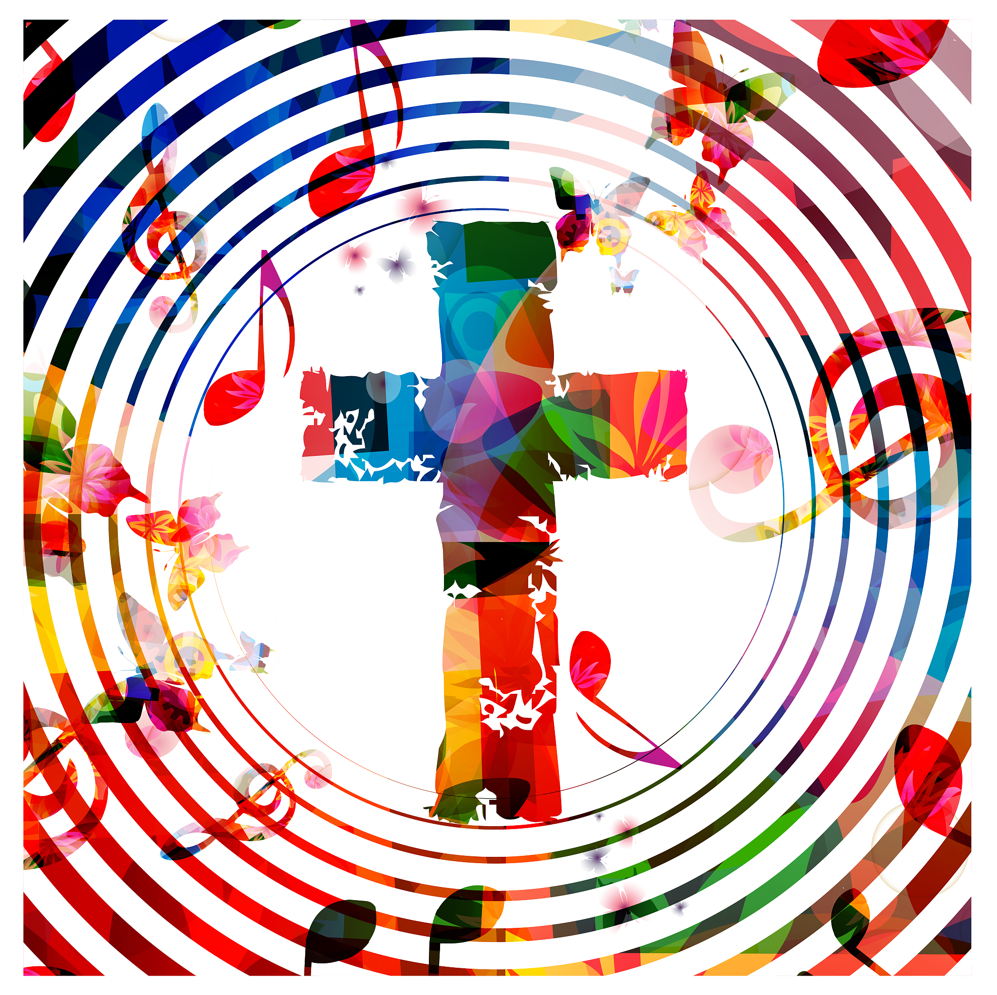 colorful christian cross with music notes