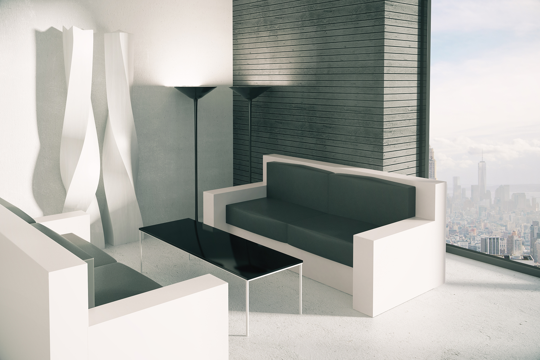 corner of modern loft office with furniture and city view