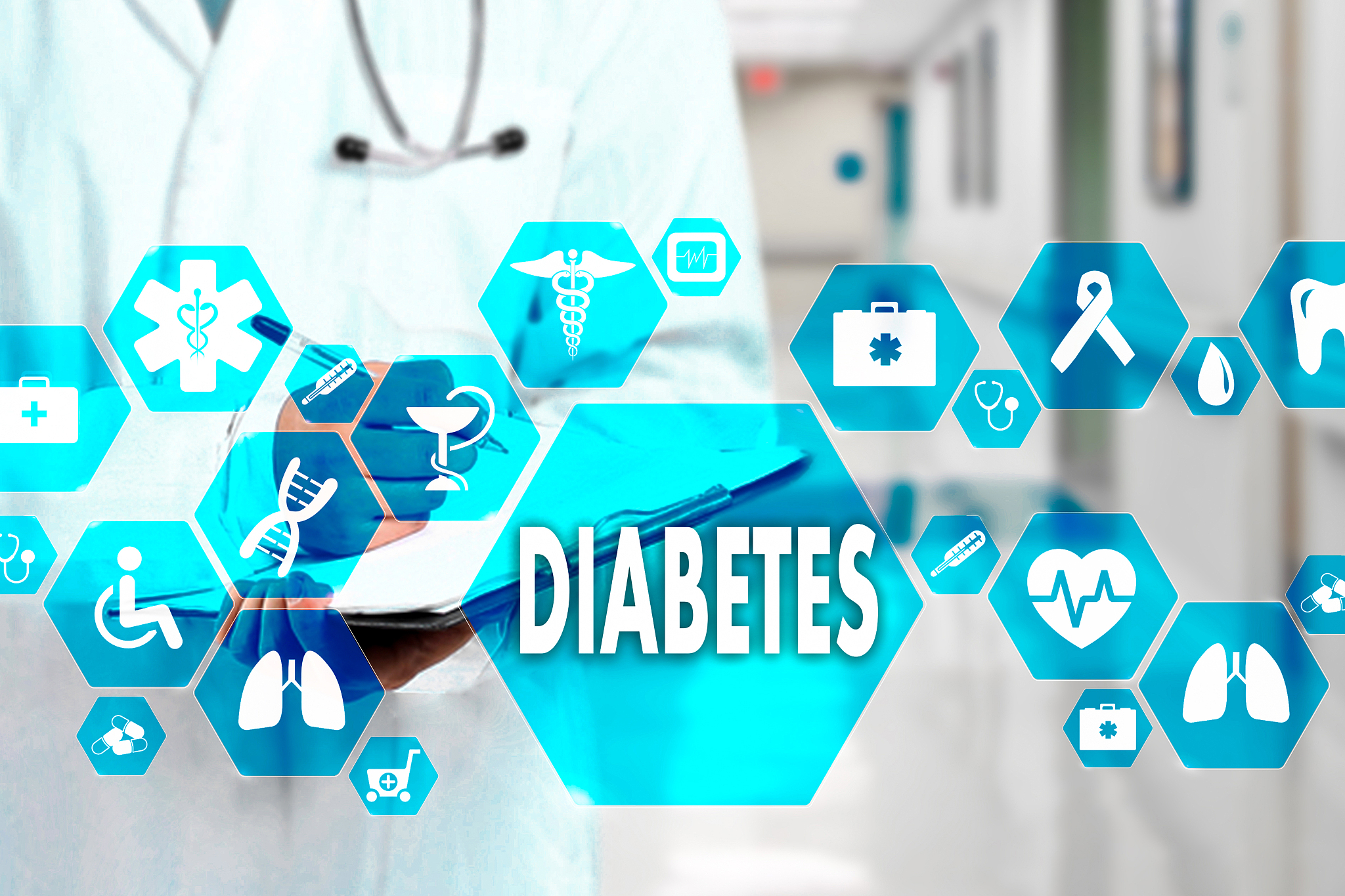 medical doctor with stethoscope and diabetes icon in medical net