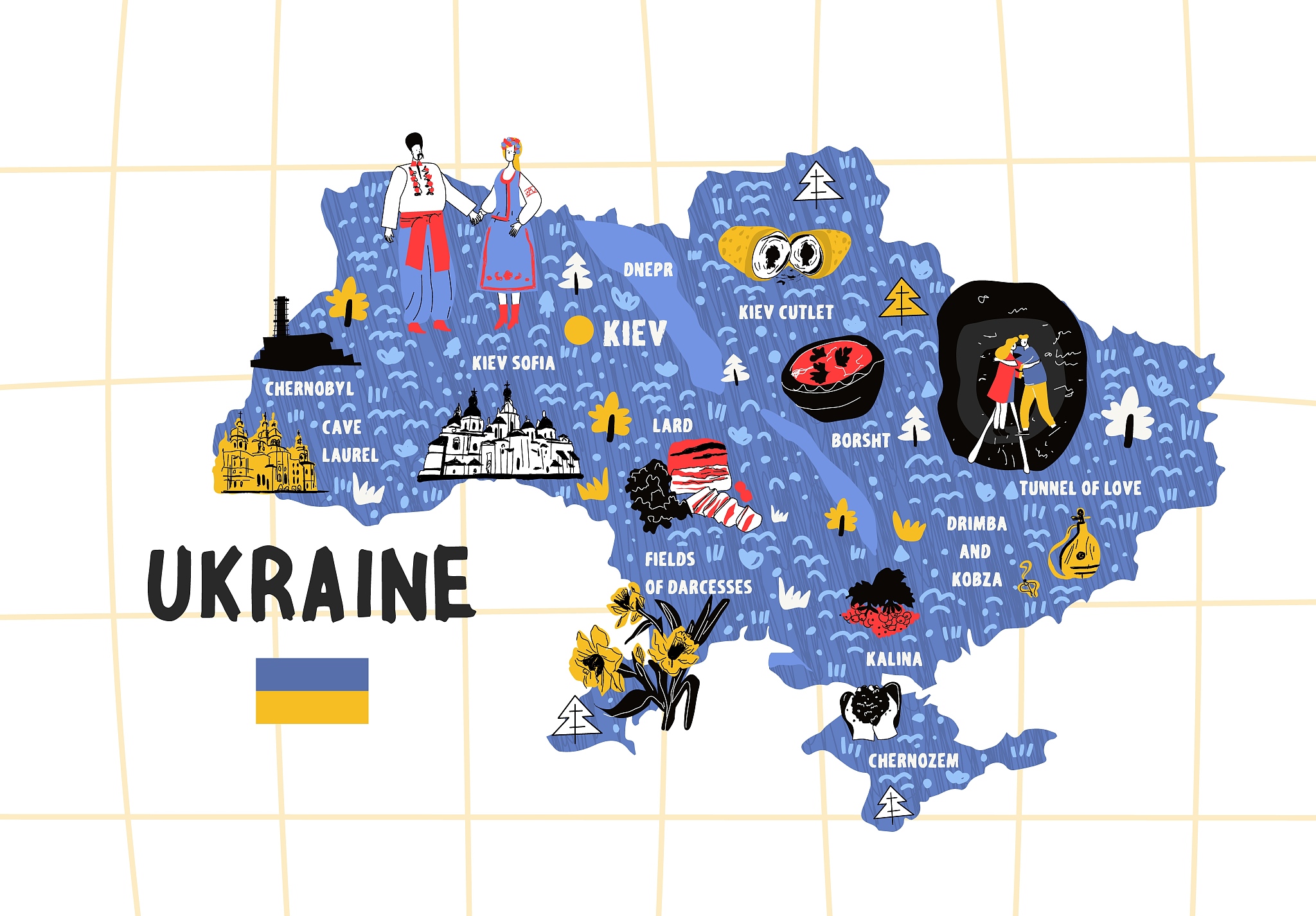 ukraine map hand drawn vector illustration flag