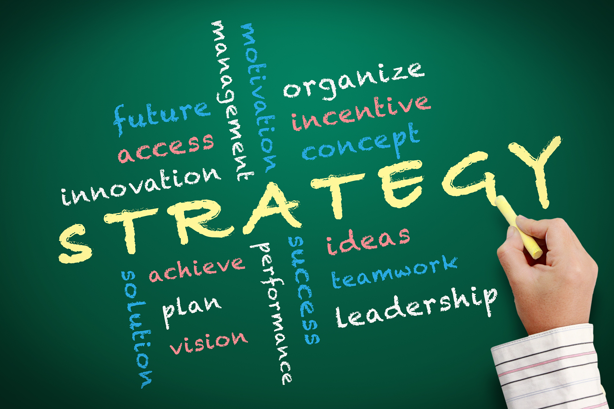 strategy business handwritten with white chalk on a blackboard.