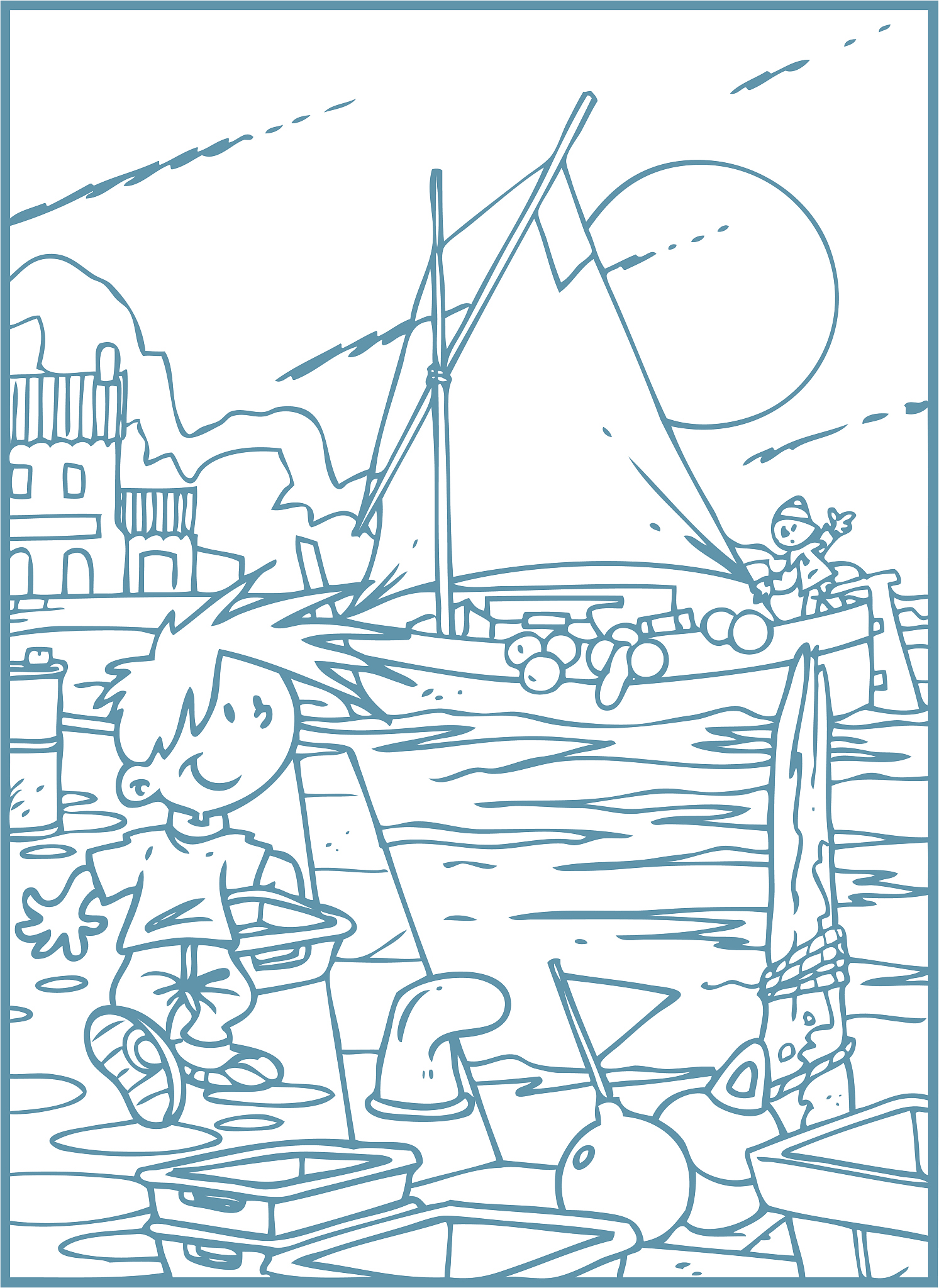 Doodle Art Request: Coastal Town Scene with Seagulls, Beach, Palm Trees, and a Cruise Ship