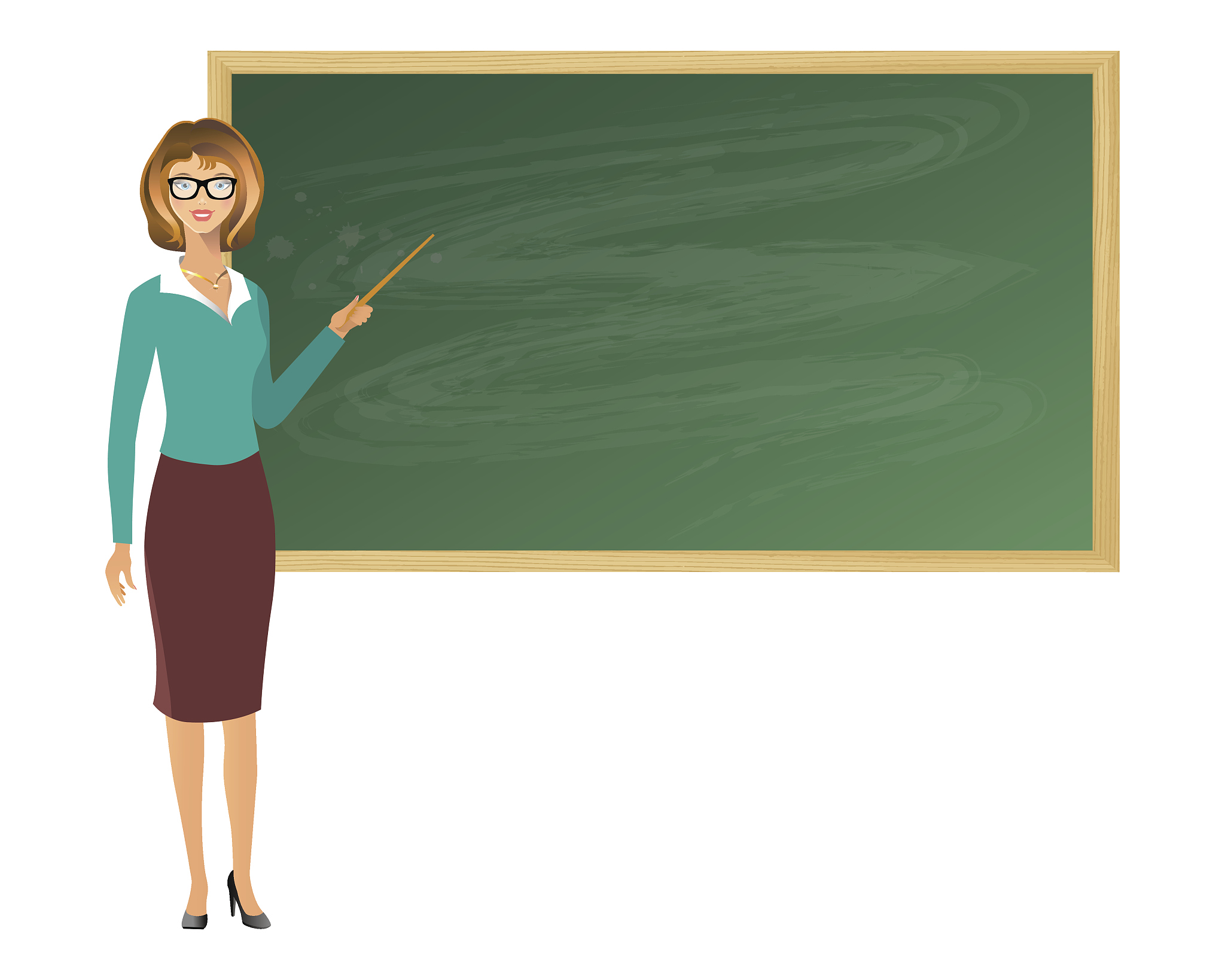 young female teacher with pointer, showing on board on lesson at