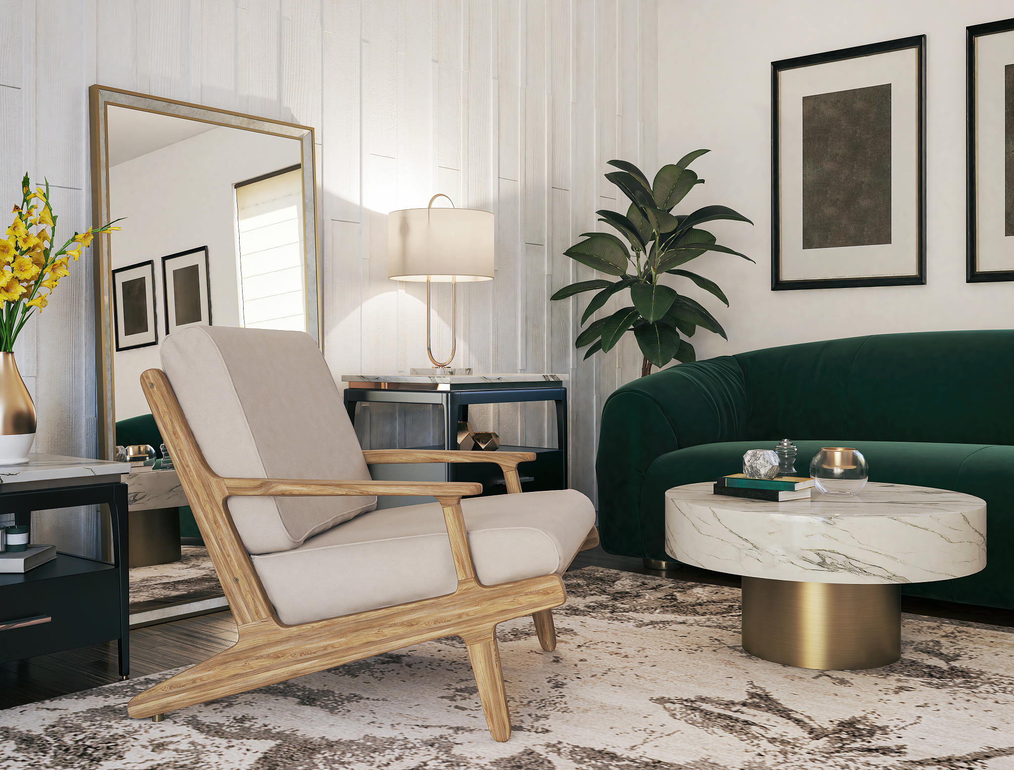modern living room with cozy armchair and sofa
