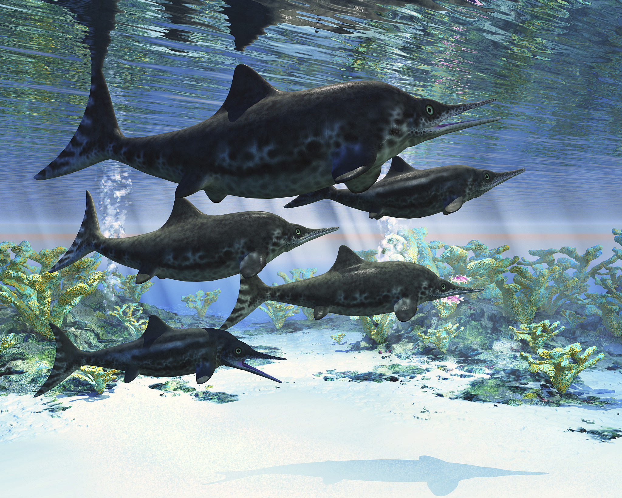 a group of ichthyosaurs swimming in prehistoric waters. ichthyos