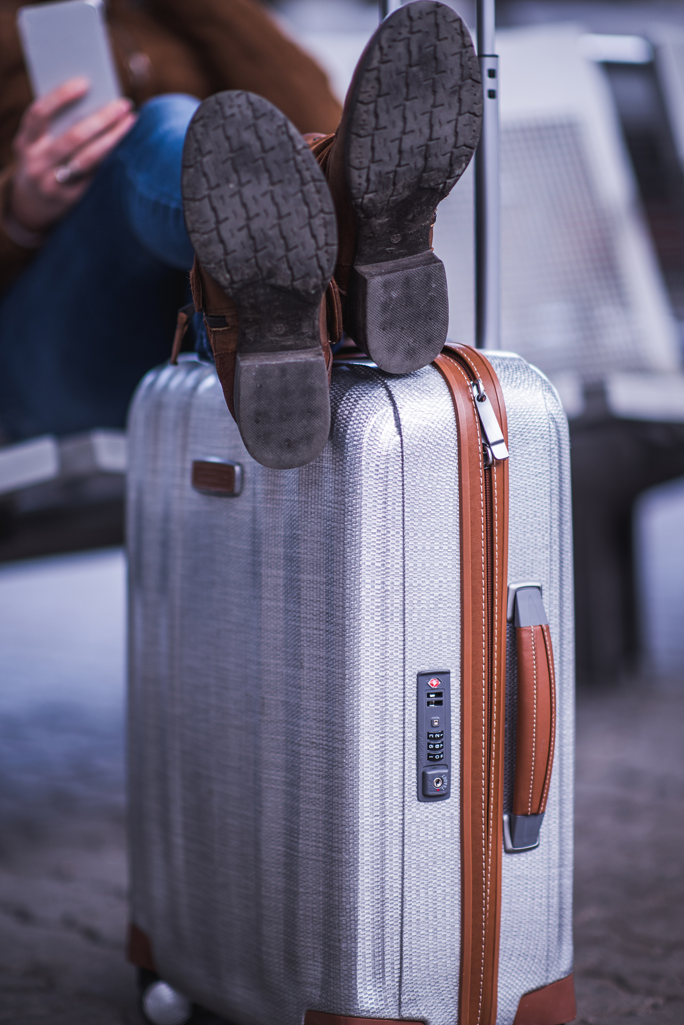 close up of shoe on the hand luggage.