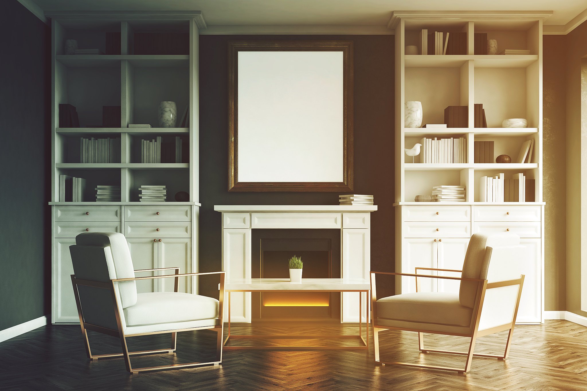 living room with fireplace, two armchairs, toned