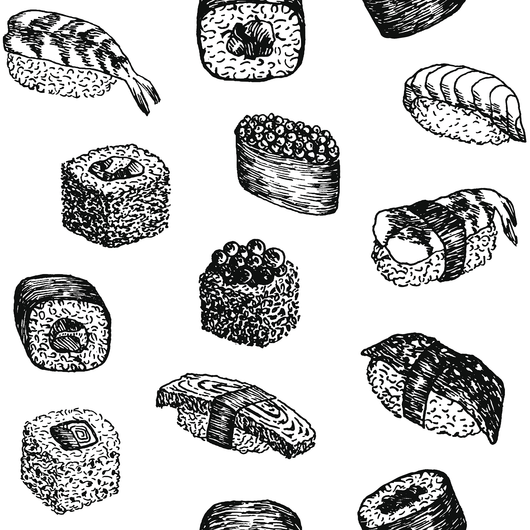 sushi and rolls hand drawn pattern. sketches japanese food