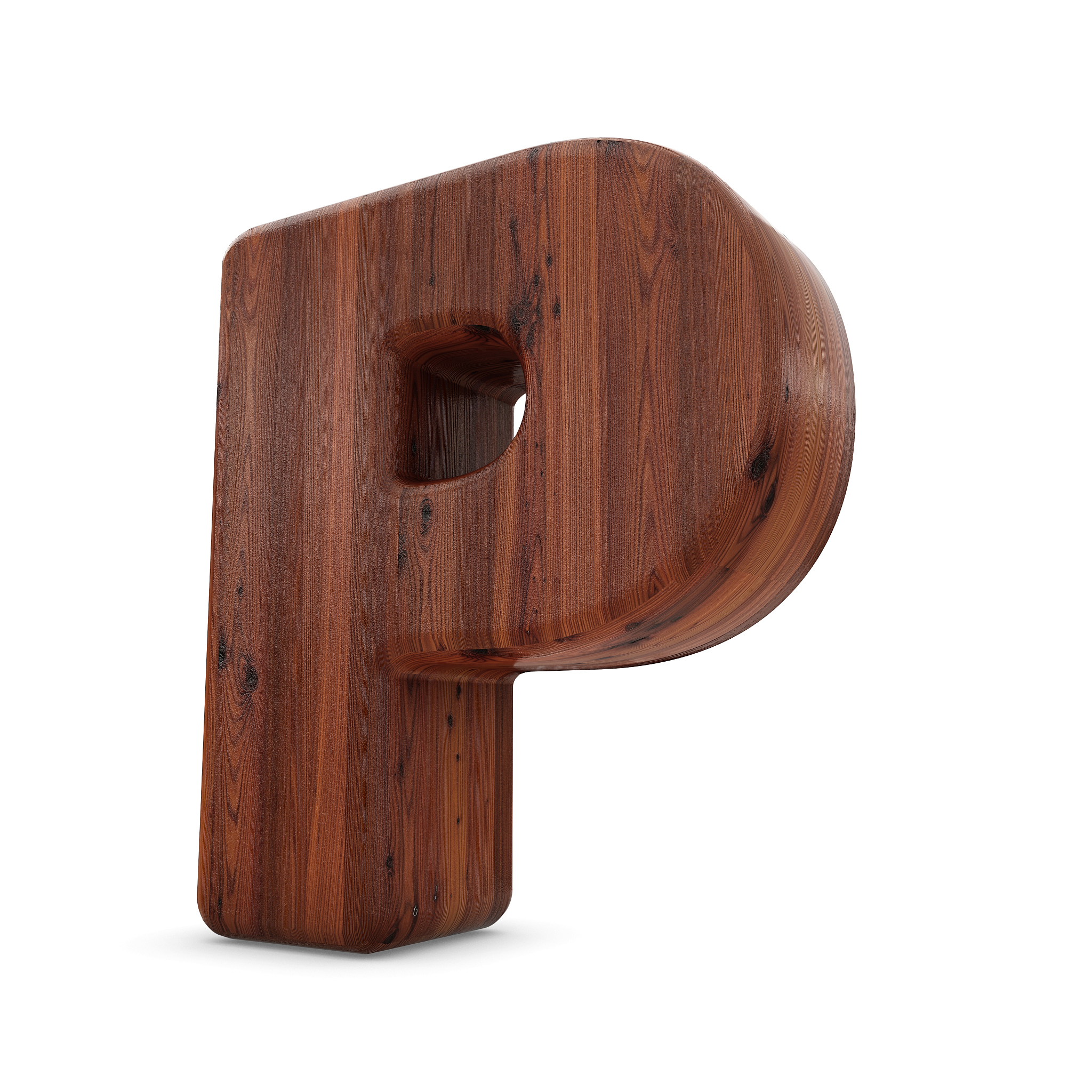 3d wood material p letter isolated white background.