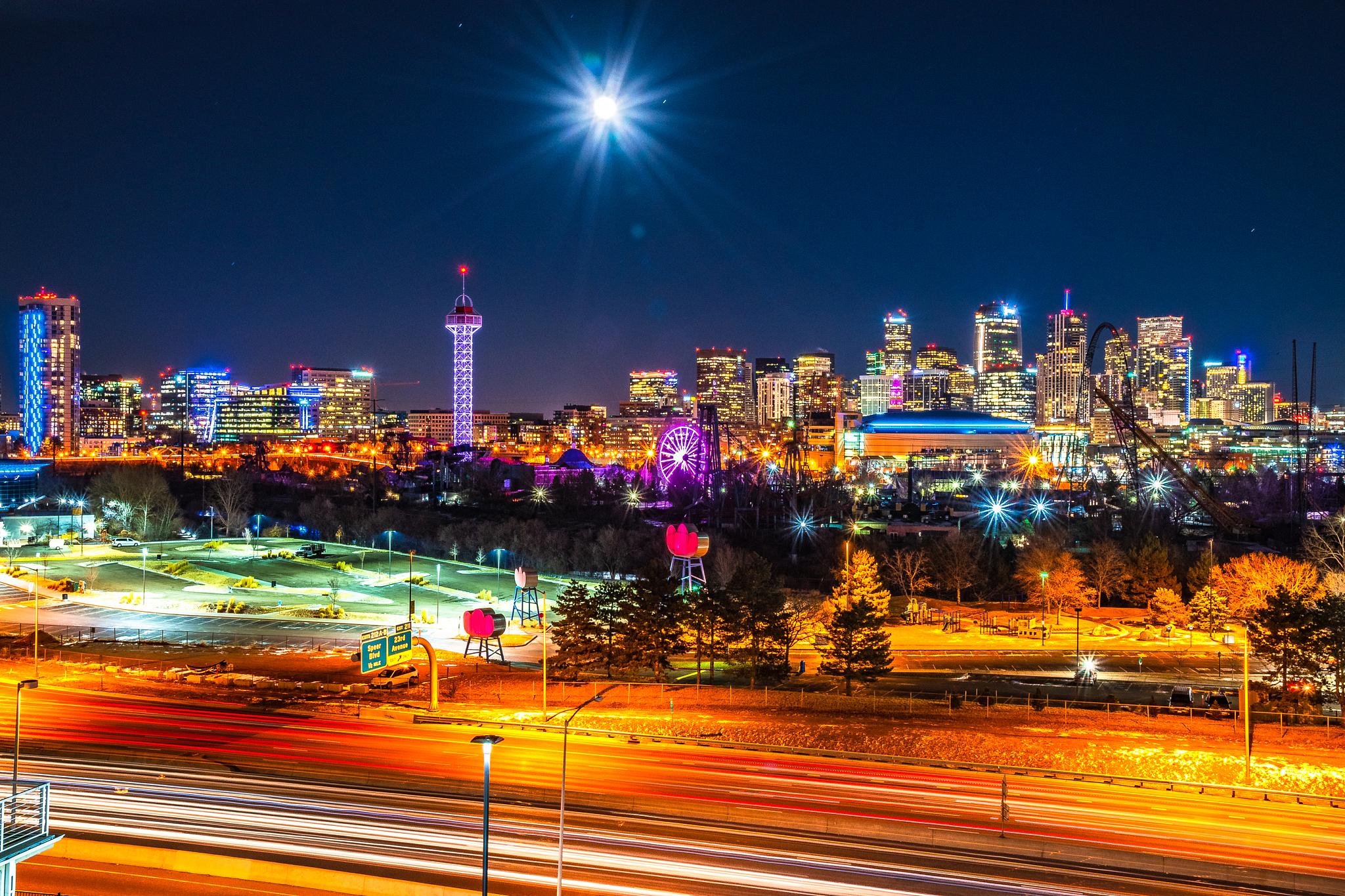 full moon at night over downtown denver in colorado