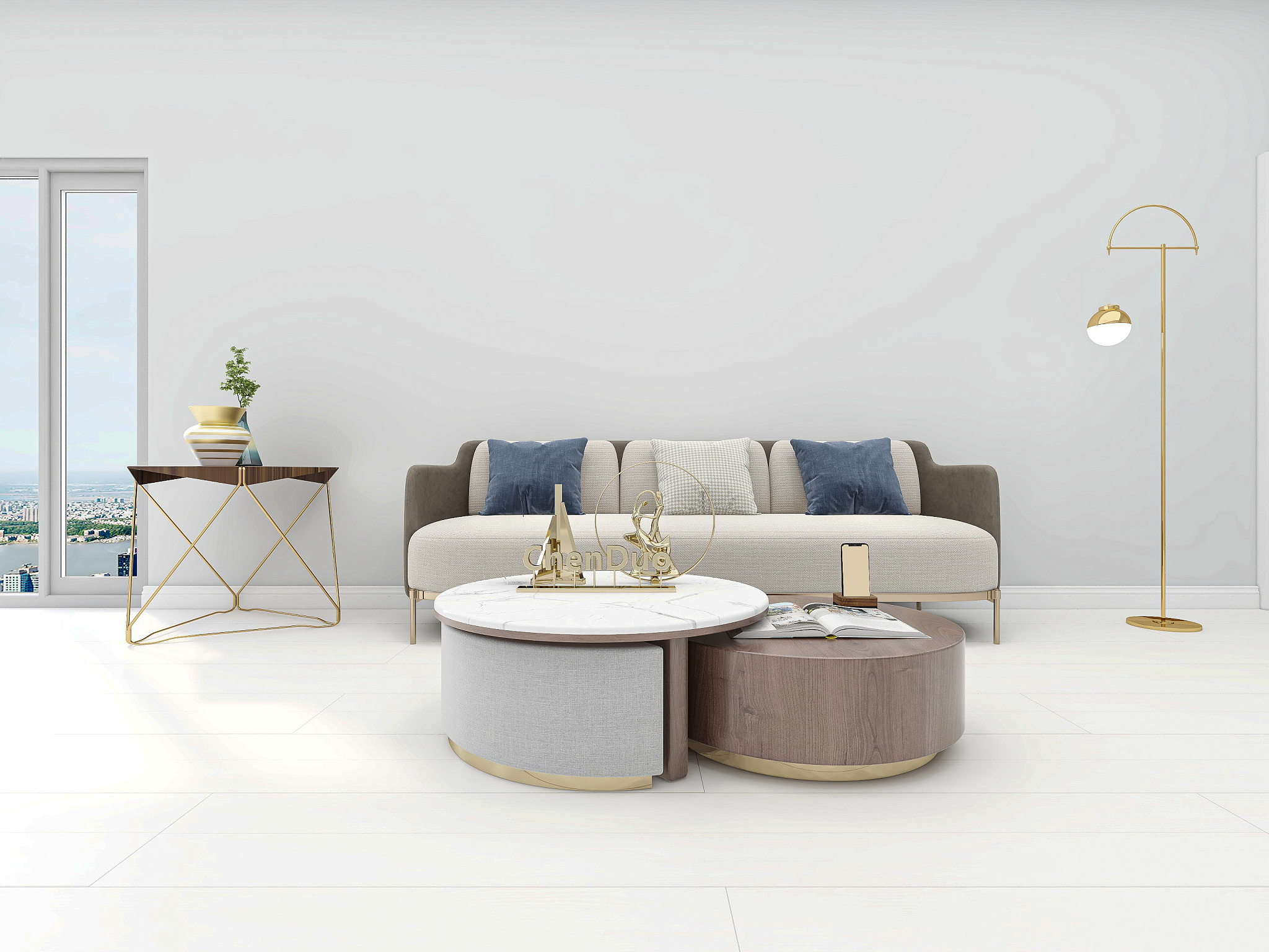 3d rendering, spacious living room design of modern residence, w