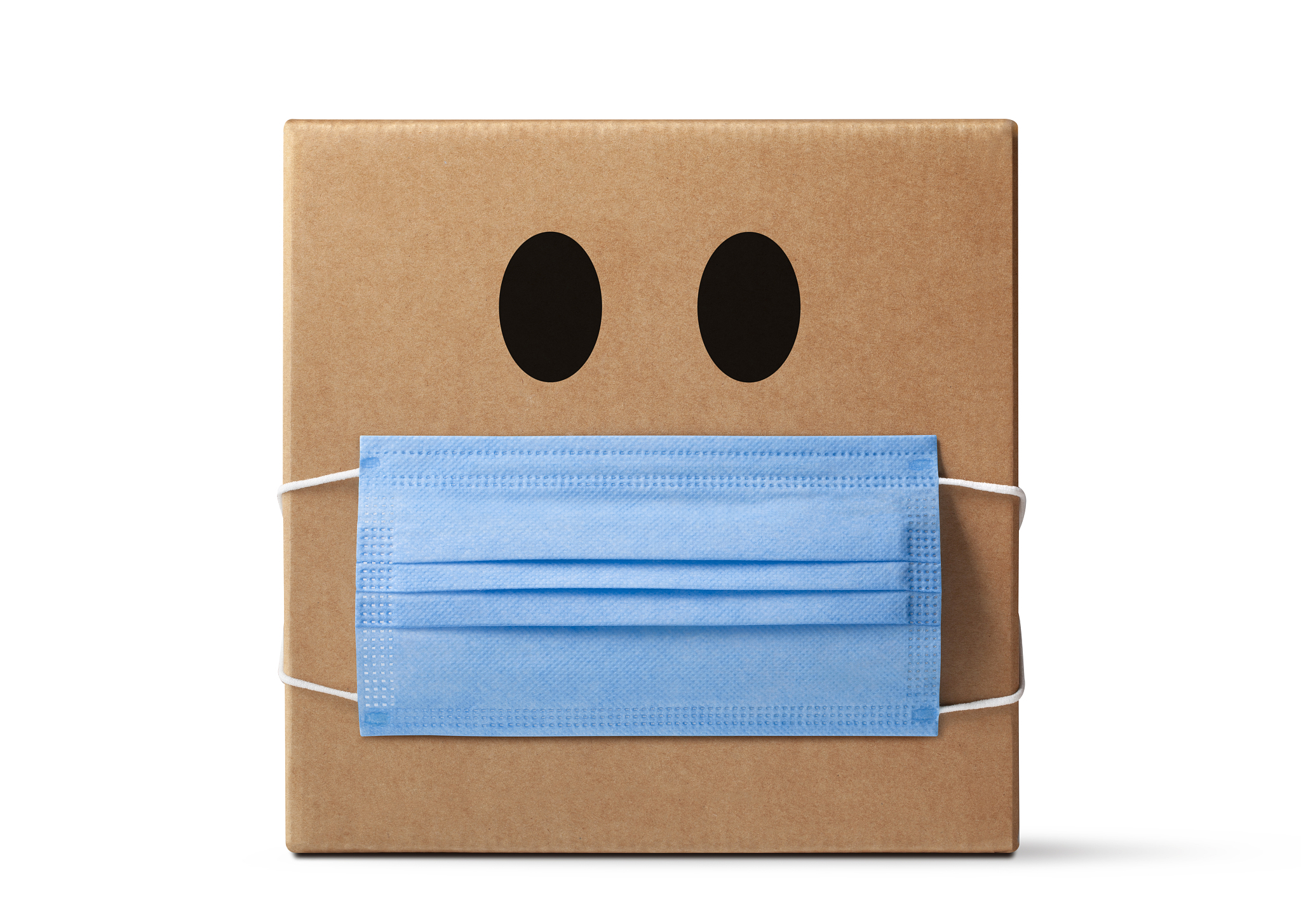 cardboard box with surgical face mask with emoticon