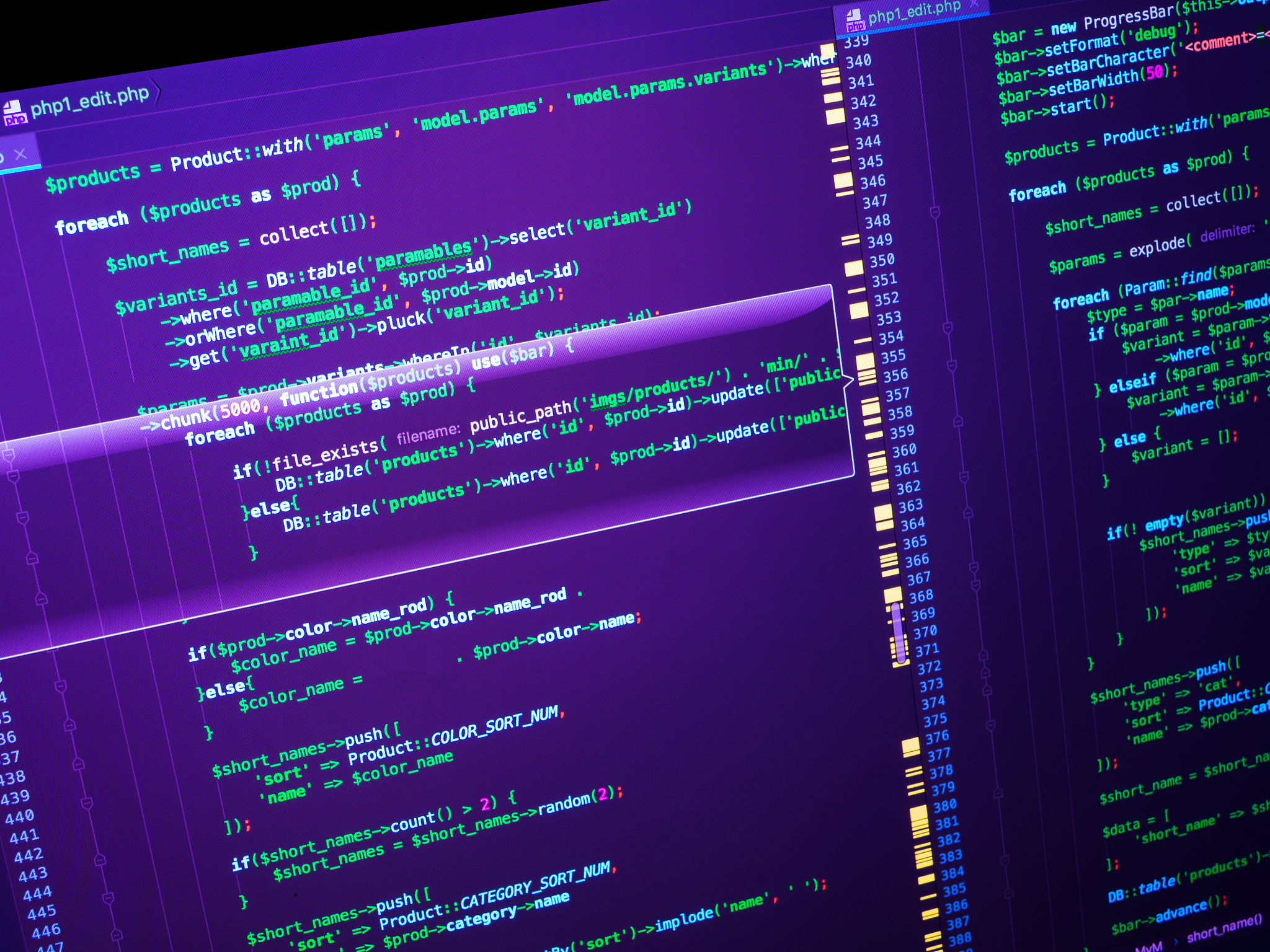 computer code on the screen (web developing). php code on purple