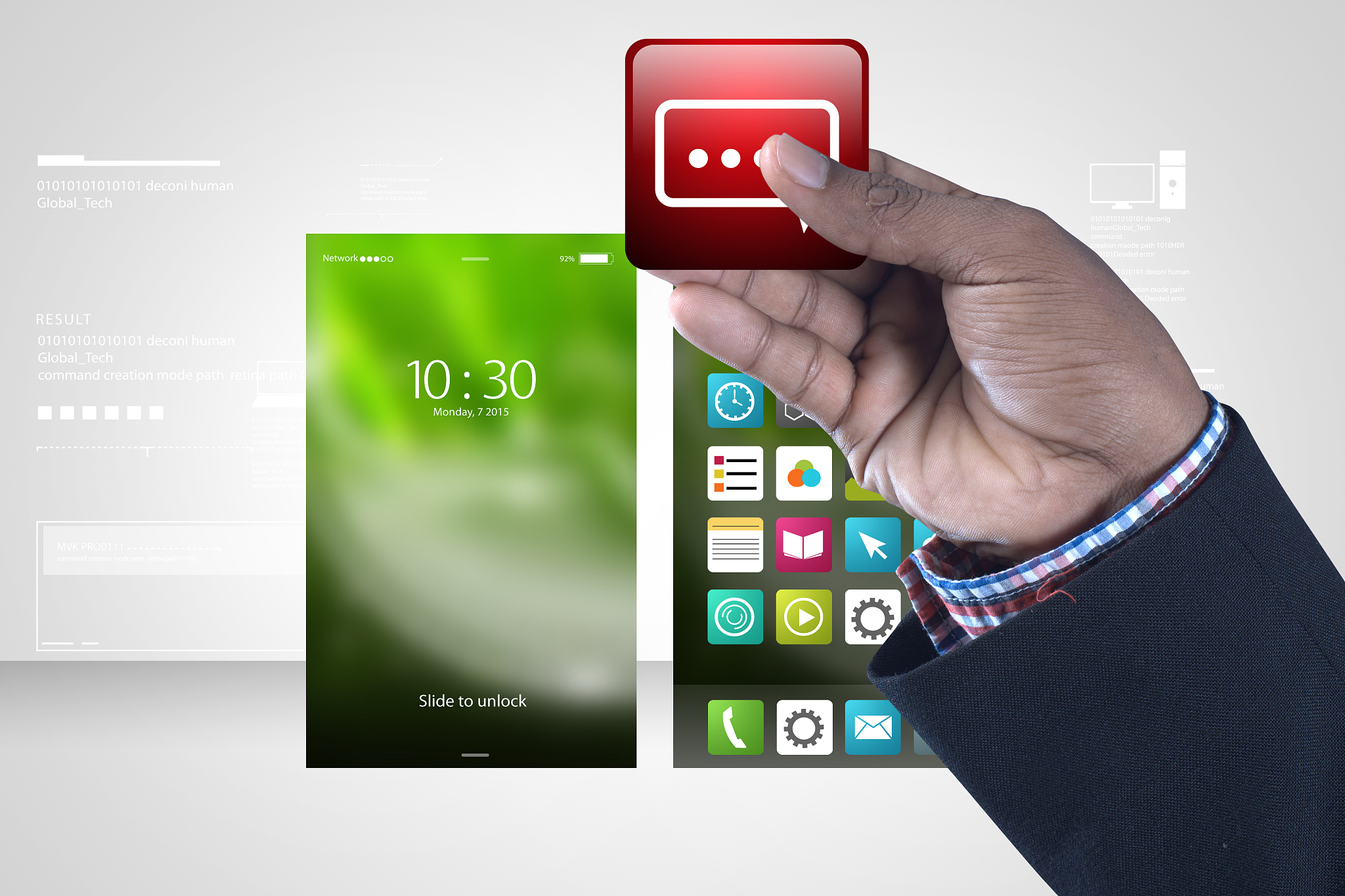 man showing app icons with chat bubble