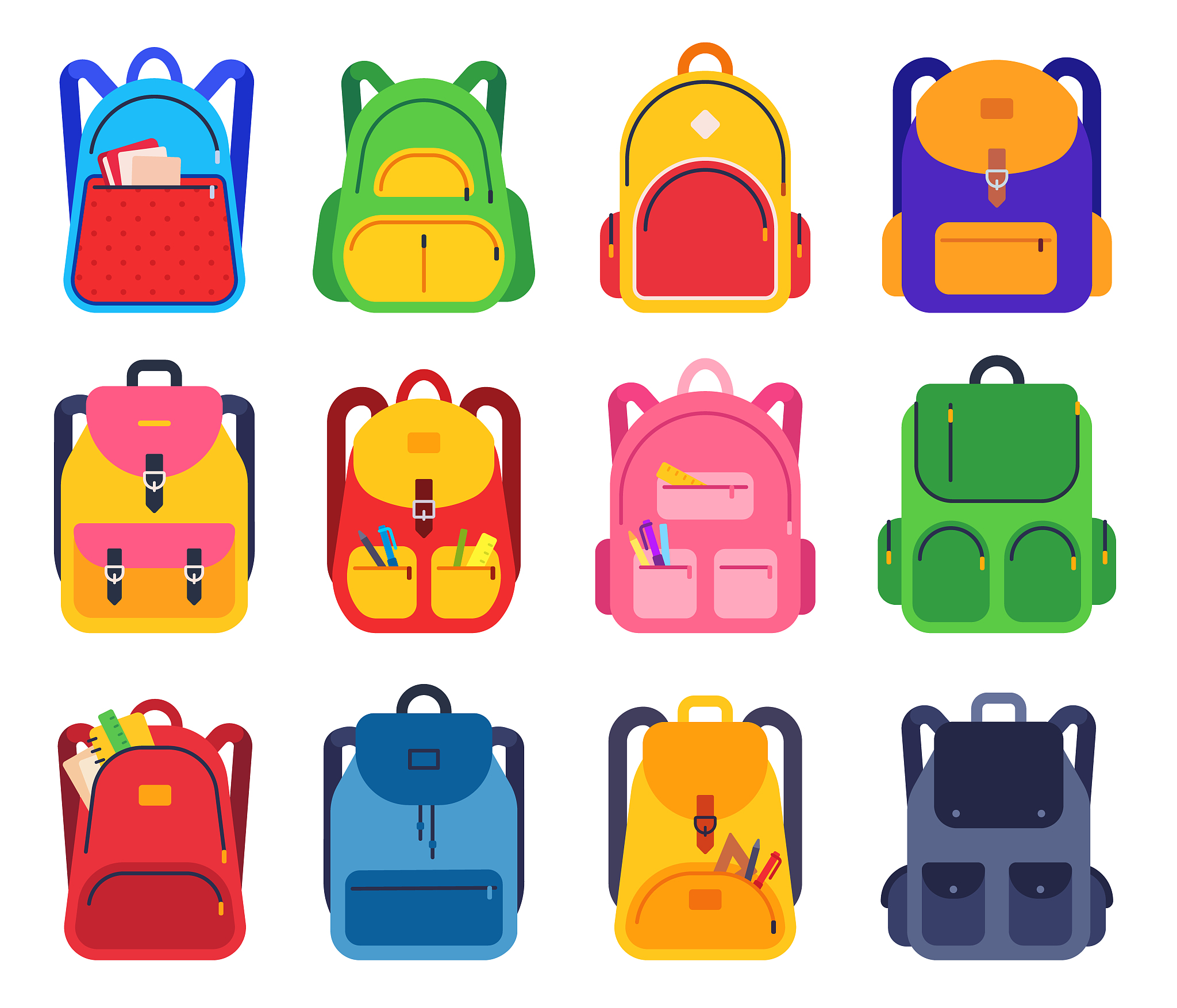 school backpack. color schoolbags zipper and pockets with statio