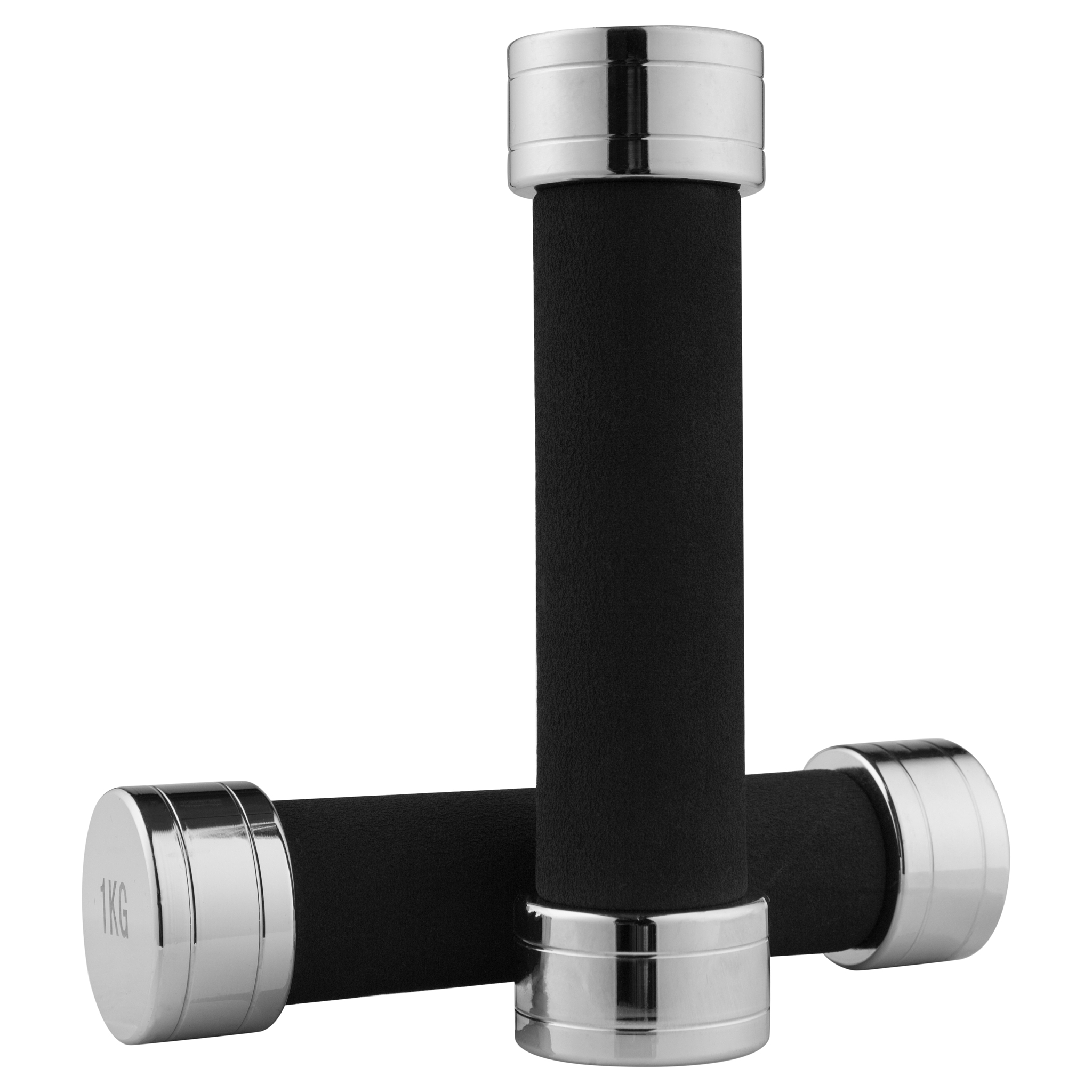 two small steel chrome dumbbells with neoprene pads on the handl