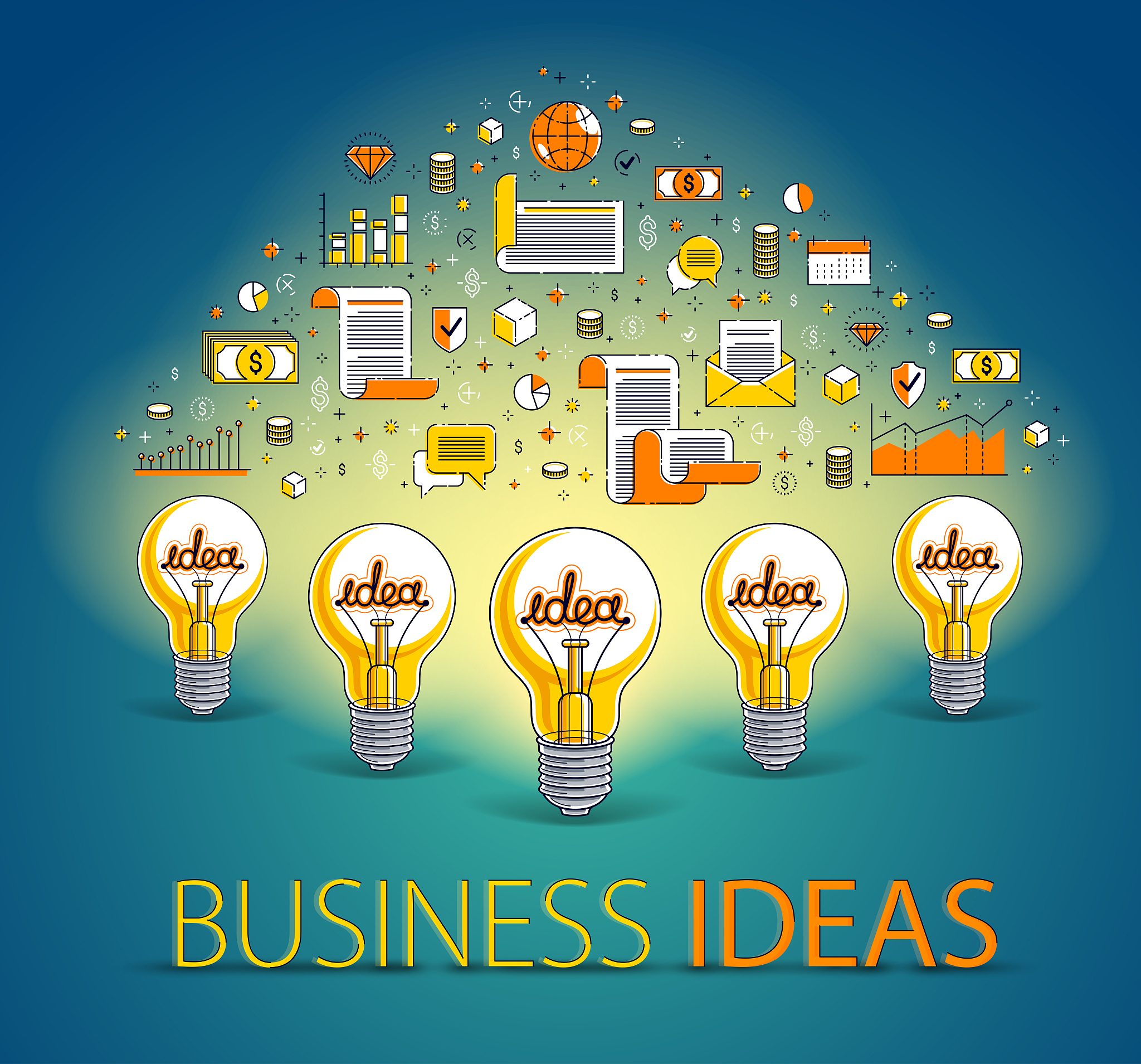 group of shining light bulbs and set of icons, business ideas cr