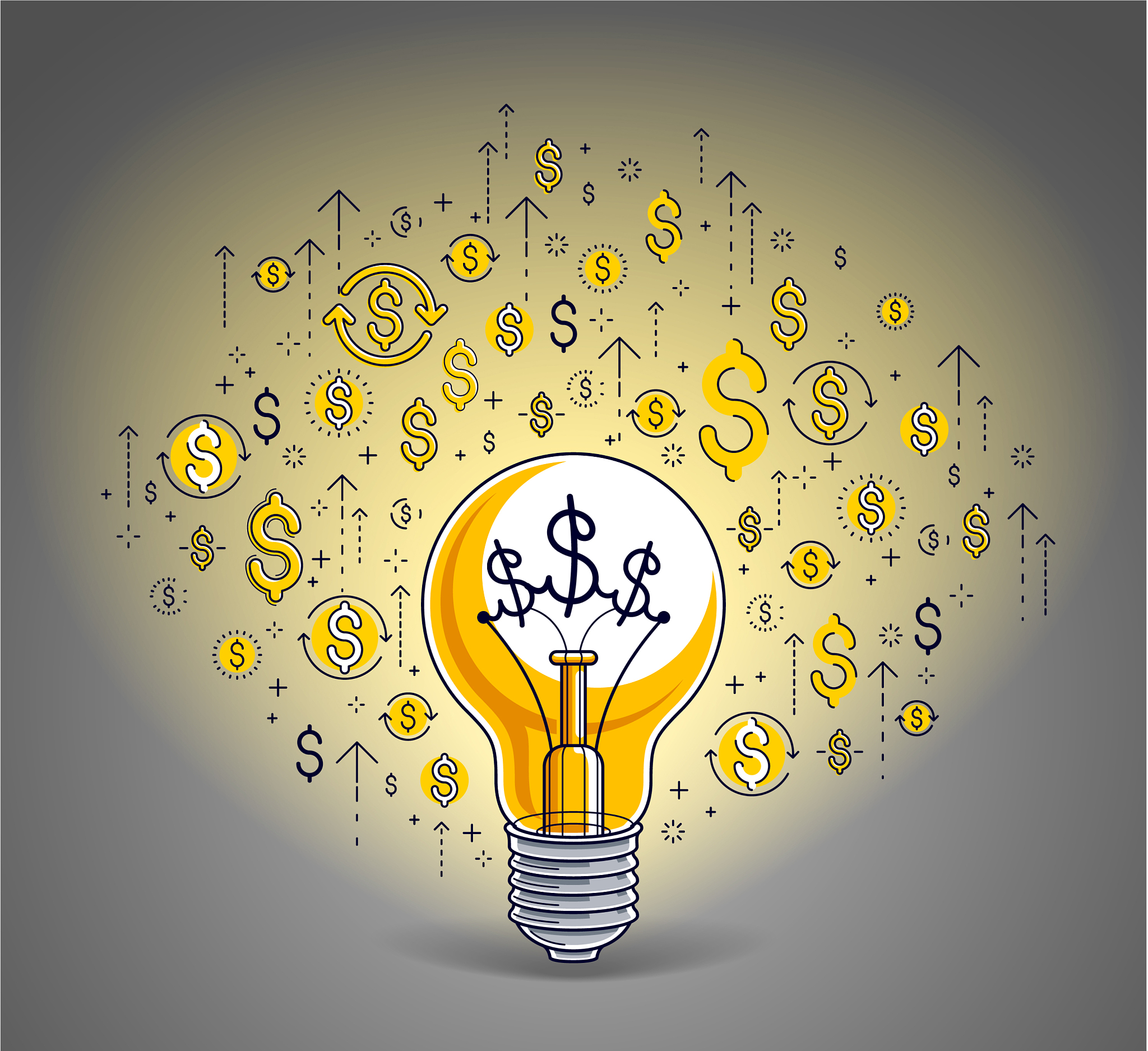 shining light bulb and set dollar icons